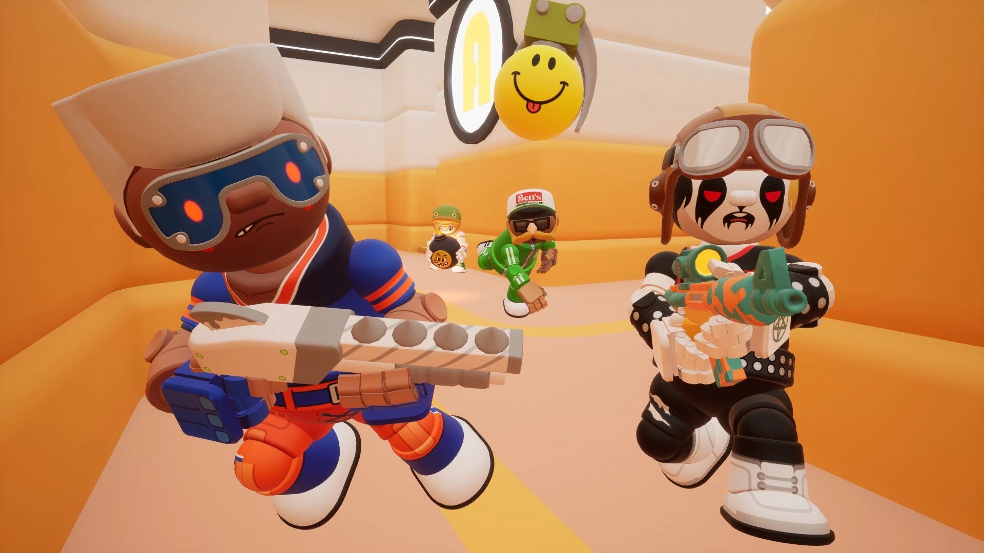 Super-B: Toy characters in vibrant outfits engage in action-packed combat inside a colorful corridor.