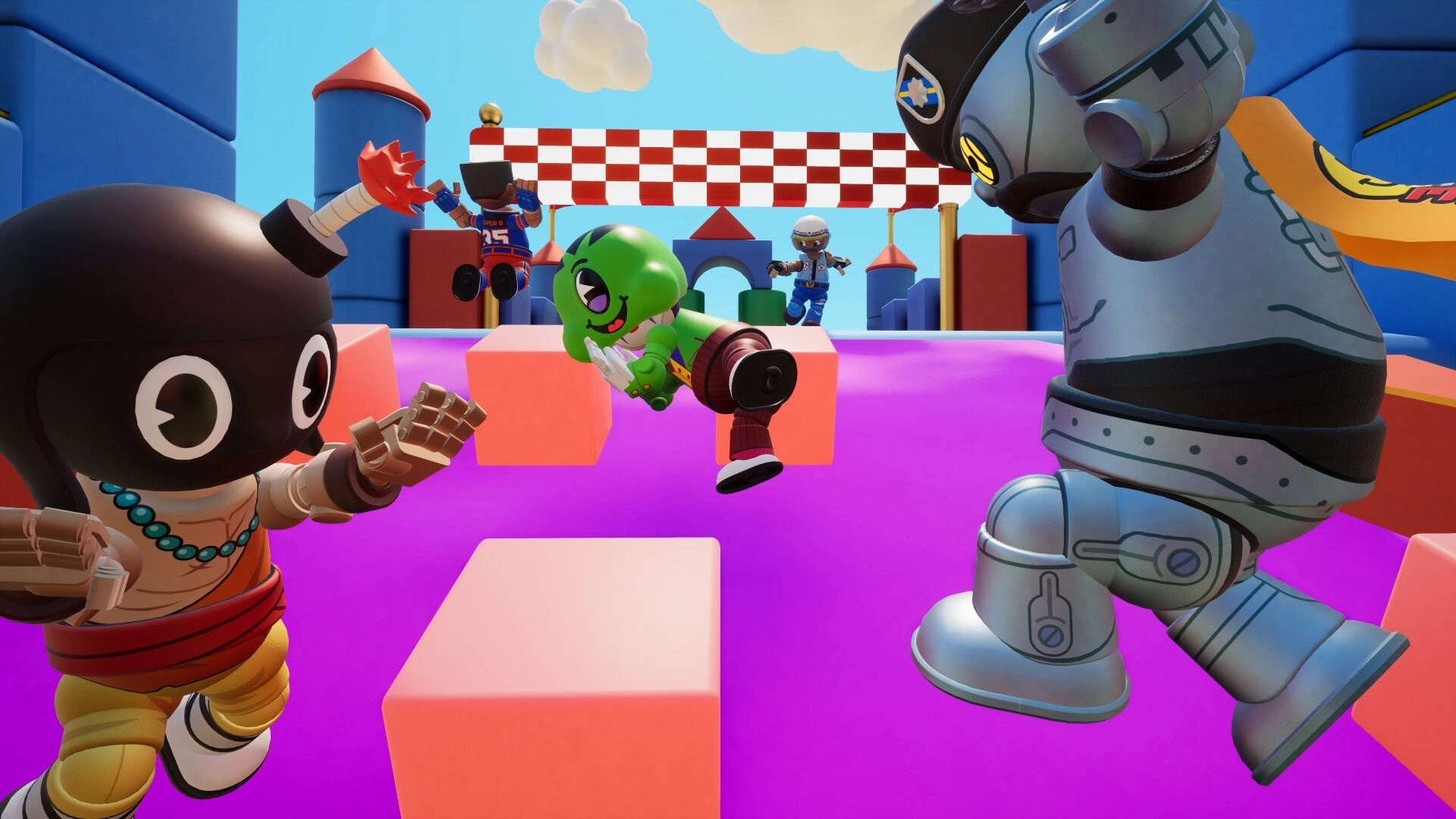 Super-B: Toy characters jumping across floating platforms in a colorful, brick-built obstacle course