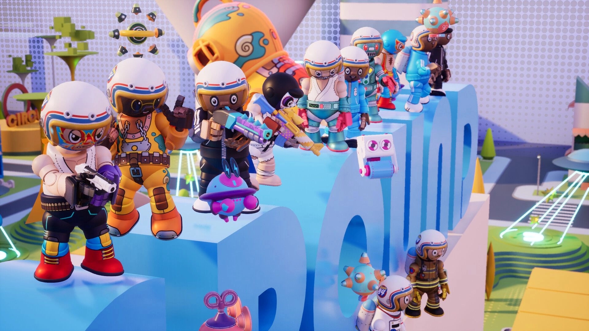 Super-B: Toy characters in colorful outfits stand on blue block in a vibrant, brick-built world.