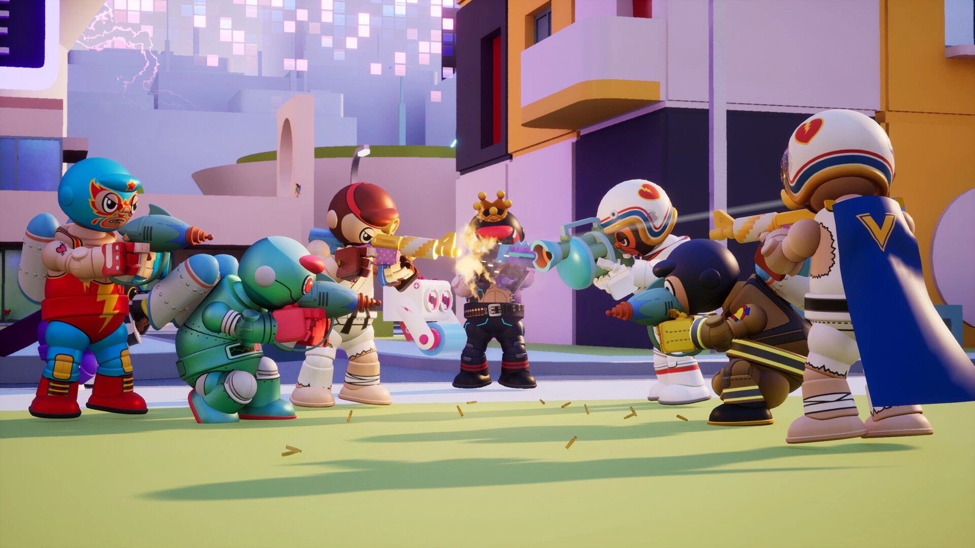 Super-B: Toy characters in colorful outfits engage in a standoff with toy blasters in a city setting.