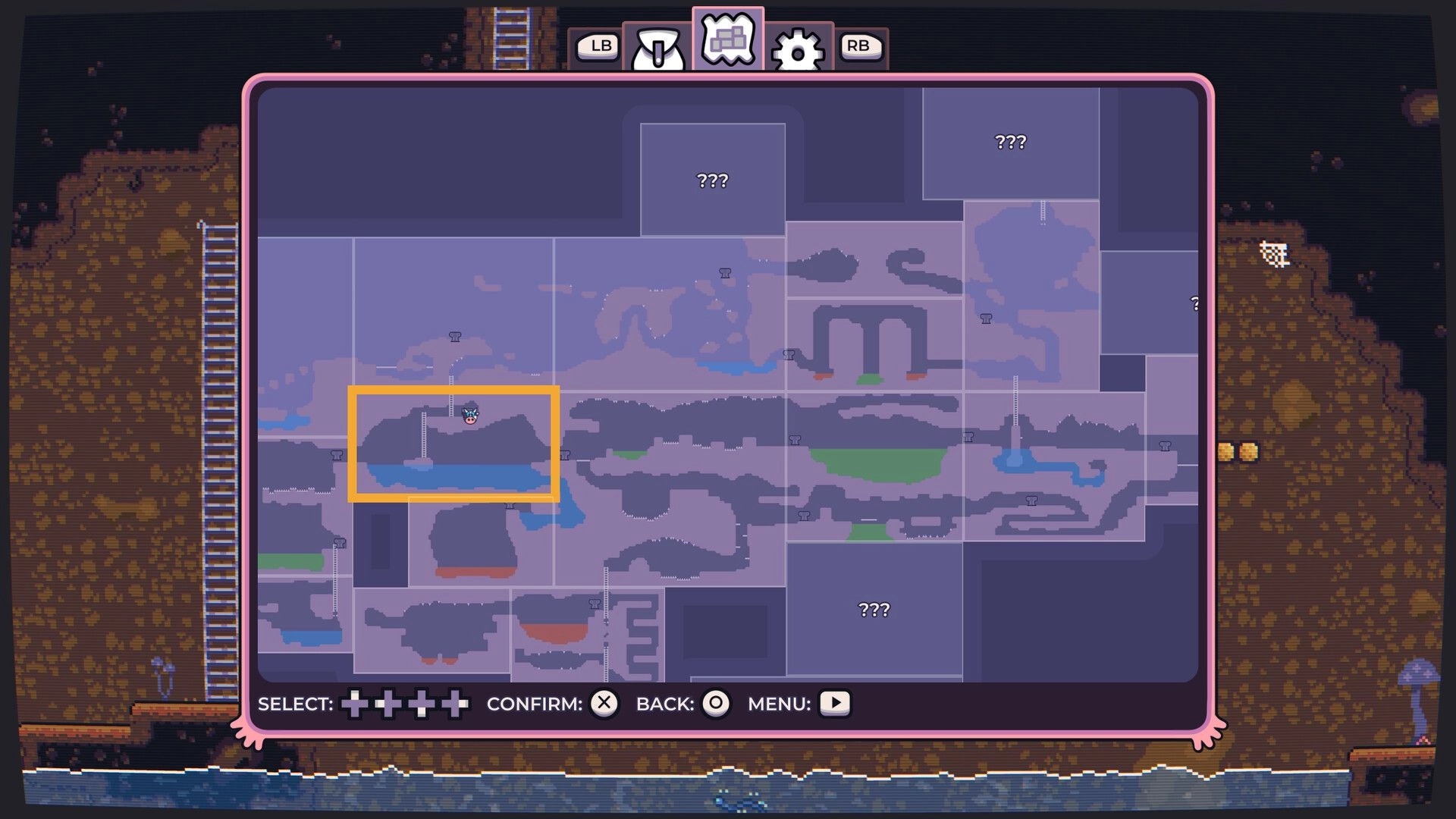 Super Beefit: Map screen with player icon in highlighted room, cavern tunnels and ??? areas visible.