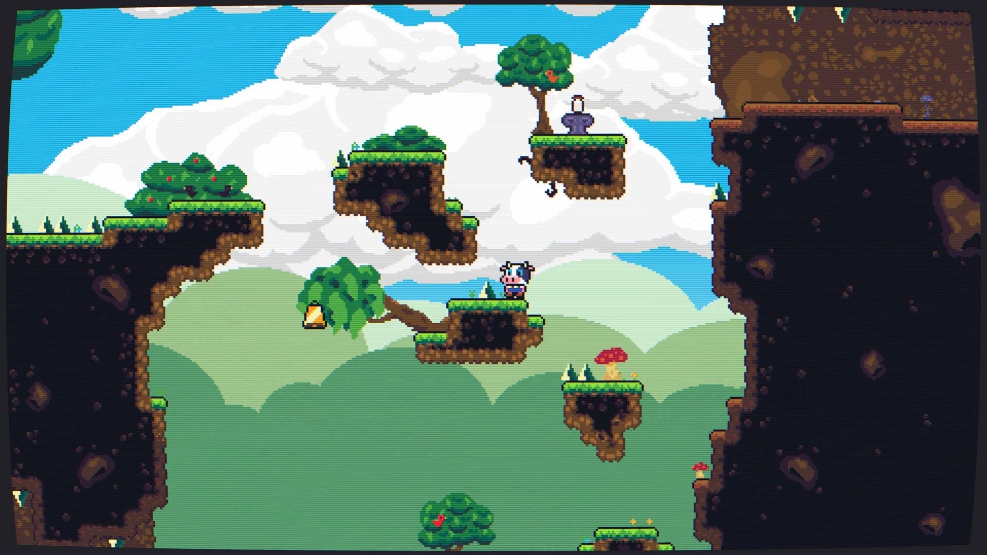 Super Beefit: Cow hero stands on grassy floating platforms between cliffs under a cloudy sky backdrop.