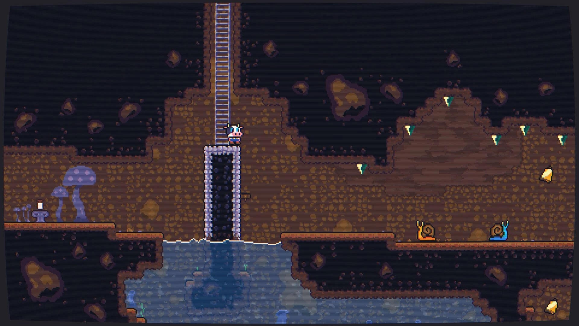 Super Beefit: Beefit stands by a ladder above a water pit in a cave with spikes, slugs, and gems.