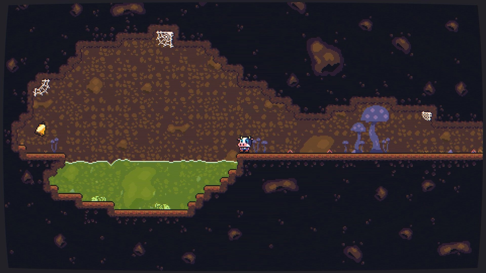 Super Beefit: Beefit stands on a cave ledge above green slime, with webs, spikes, and mushrooms nearby.