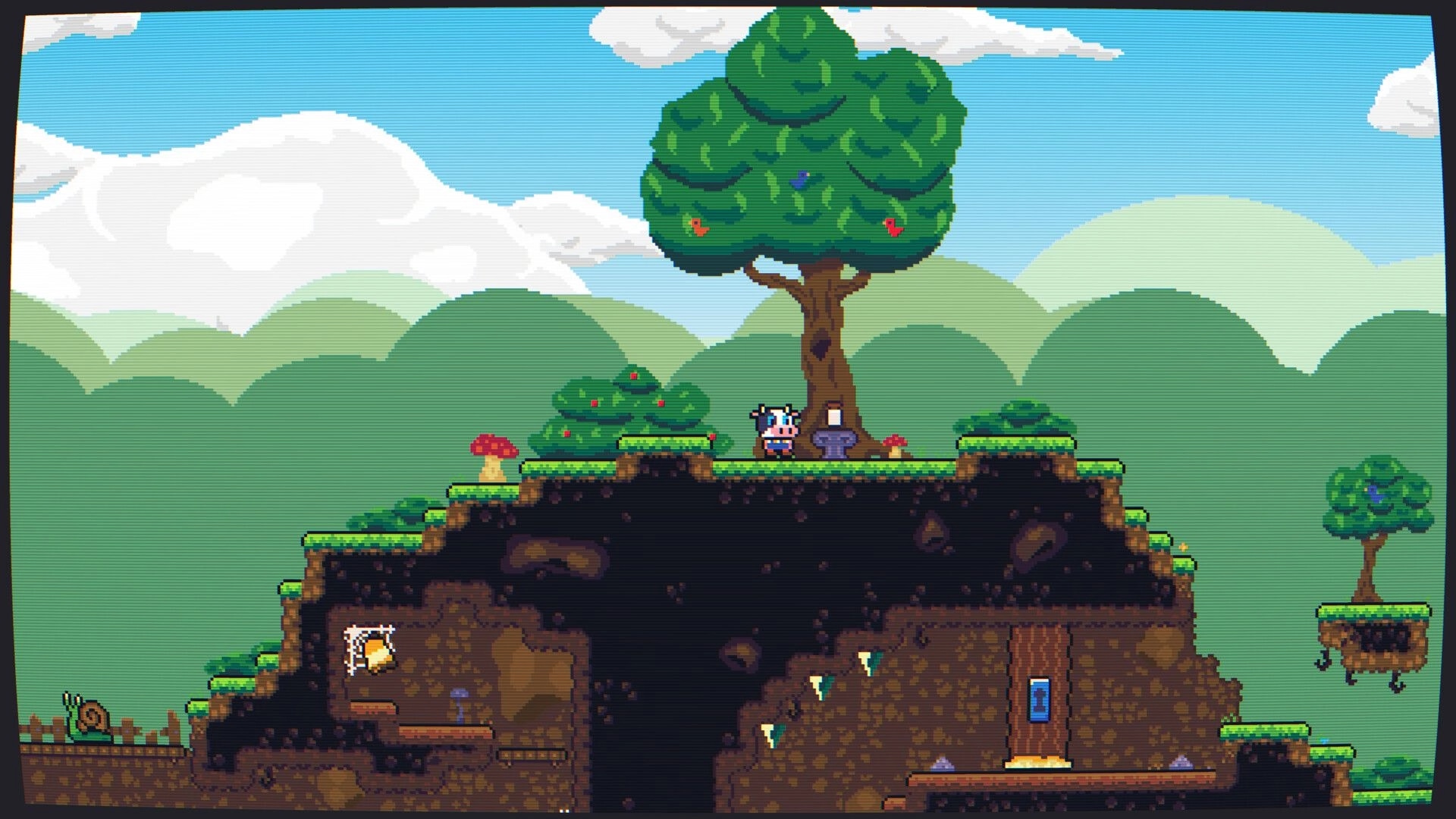 Super Beefit: Beefit stands by a lantern under a big tree on grassy cliff above a cave entrance.
