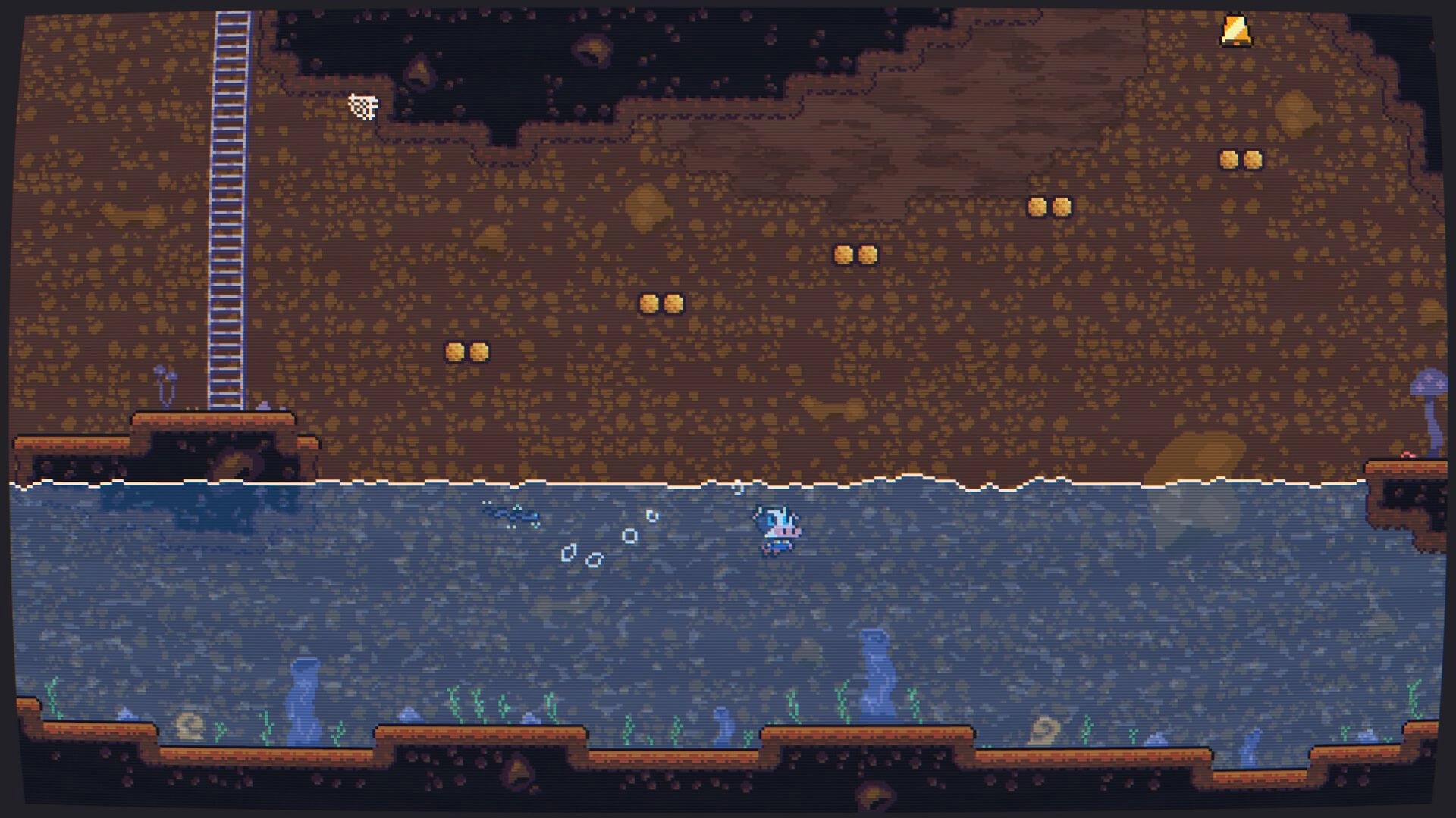 Super Beefit: Beefit swims underwater past bubbles and platforms in a cavern lake with a ladder above.