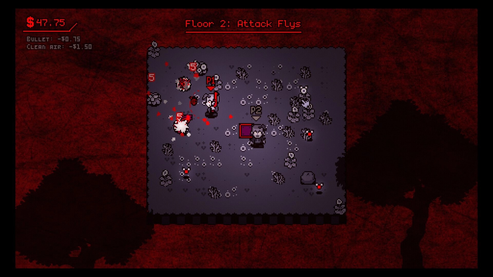 SUPER DEBT: Players P1 and P2 battle flies on Floor 2 with money total and costs displayed on screen.