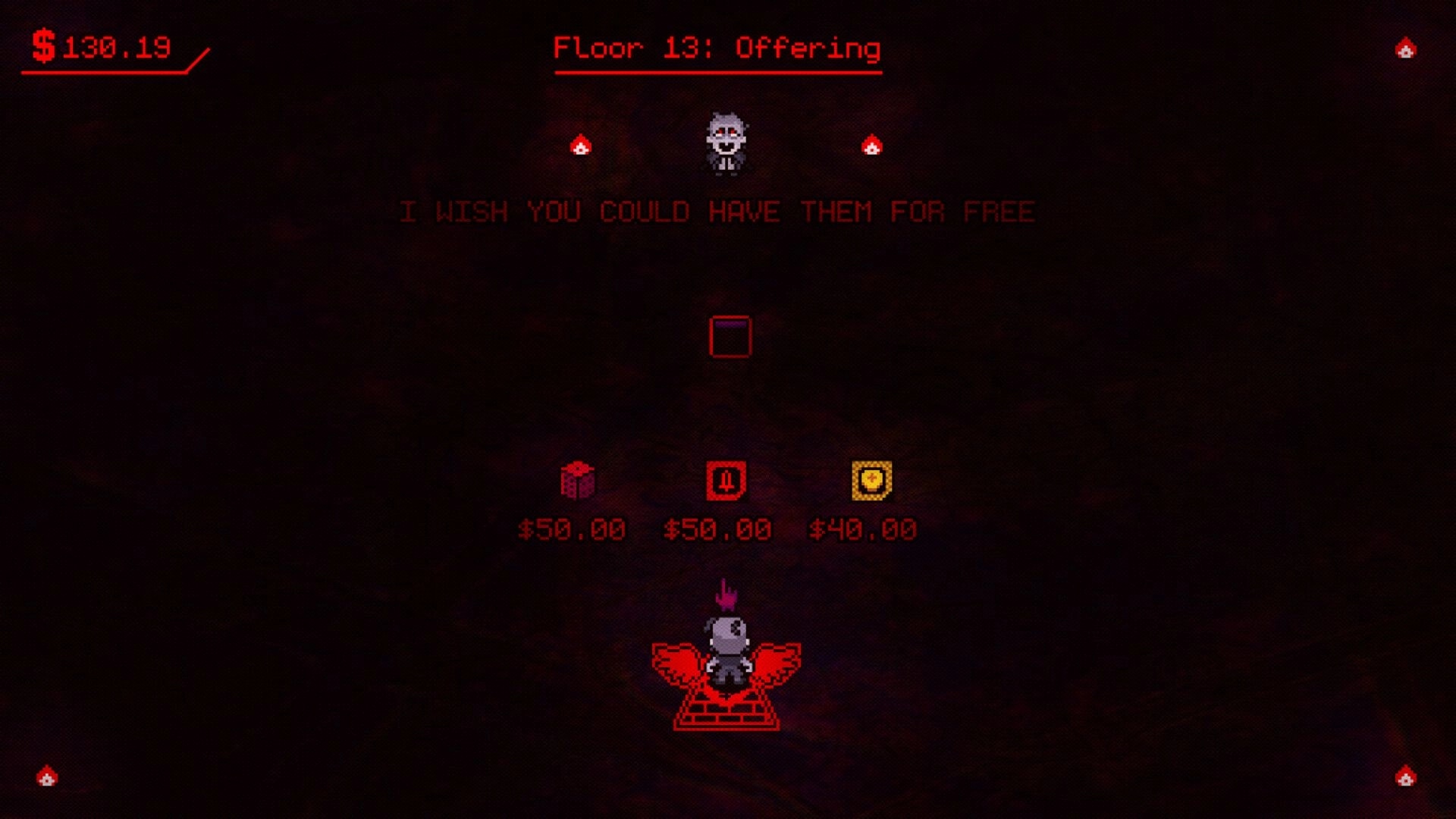 SUPER DEBT: Player on Floor 13 choosing between three items with prices under eerie red lighting