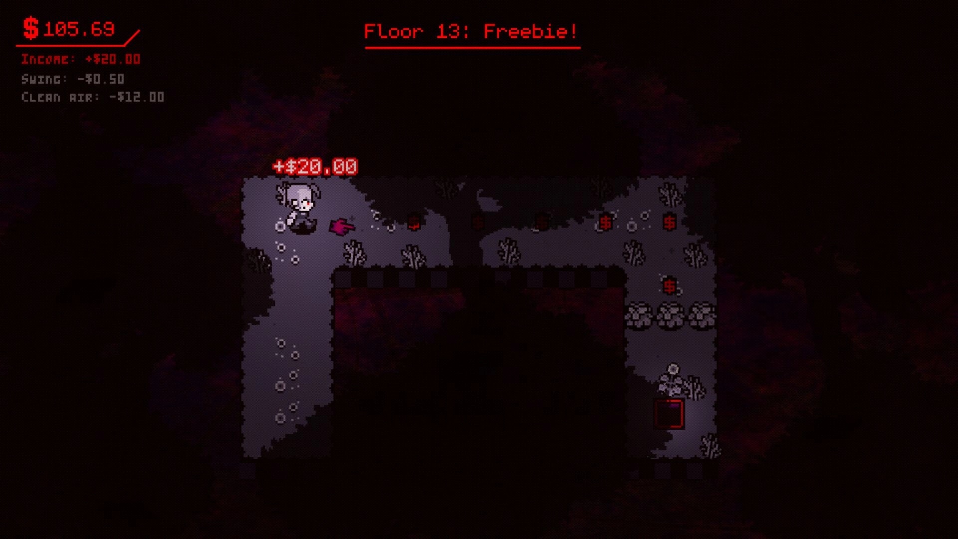 SUPER DEBT: Character navigates Floor 13, collecting money in a dark, dungeon-like environment.