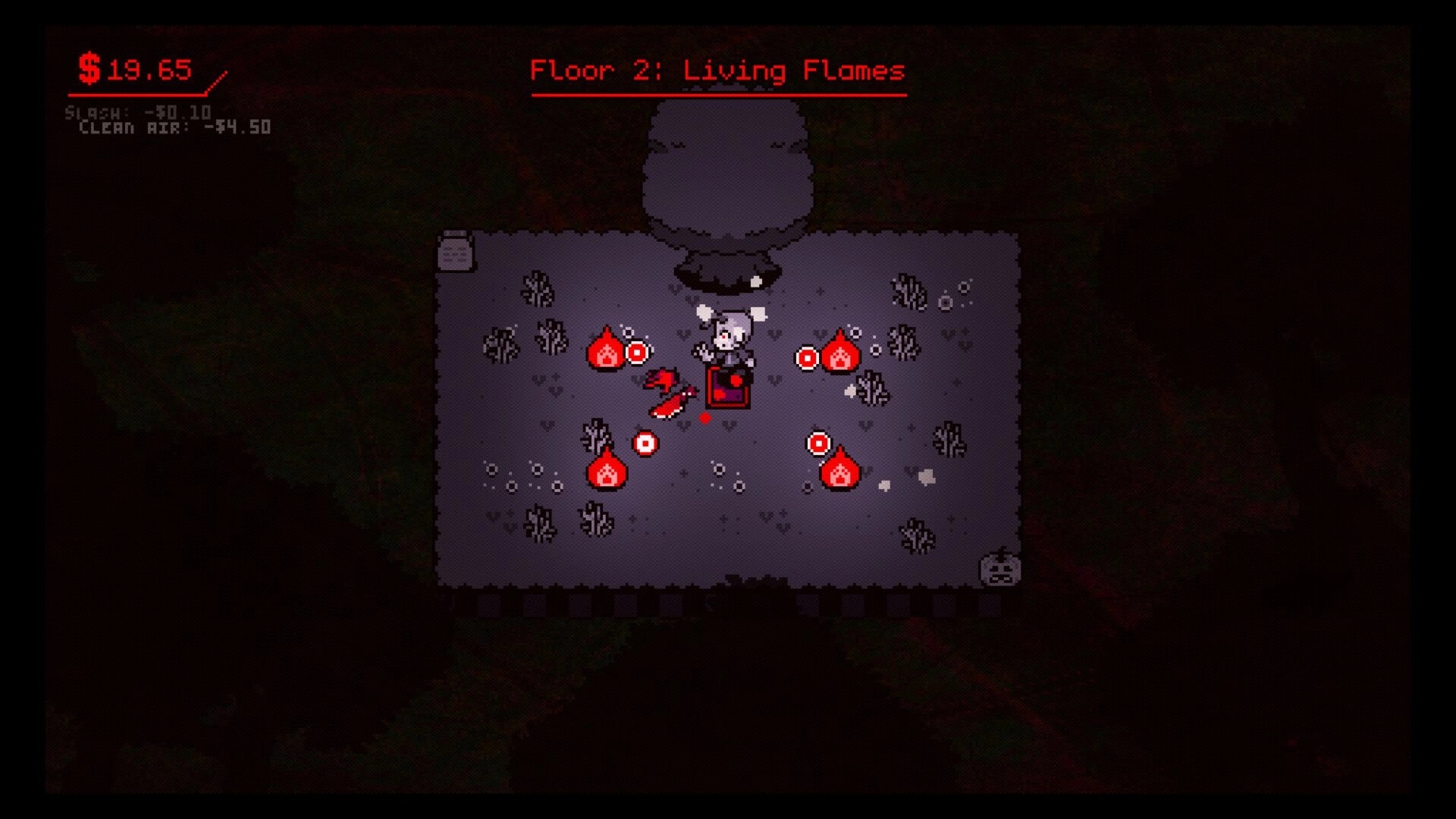 SUPER DEBT: Player in combat with red flame enemies in dark dungeon on Floor 2, money at $19.65