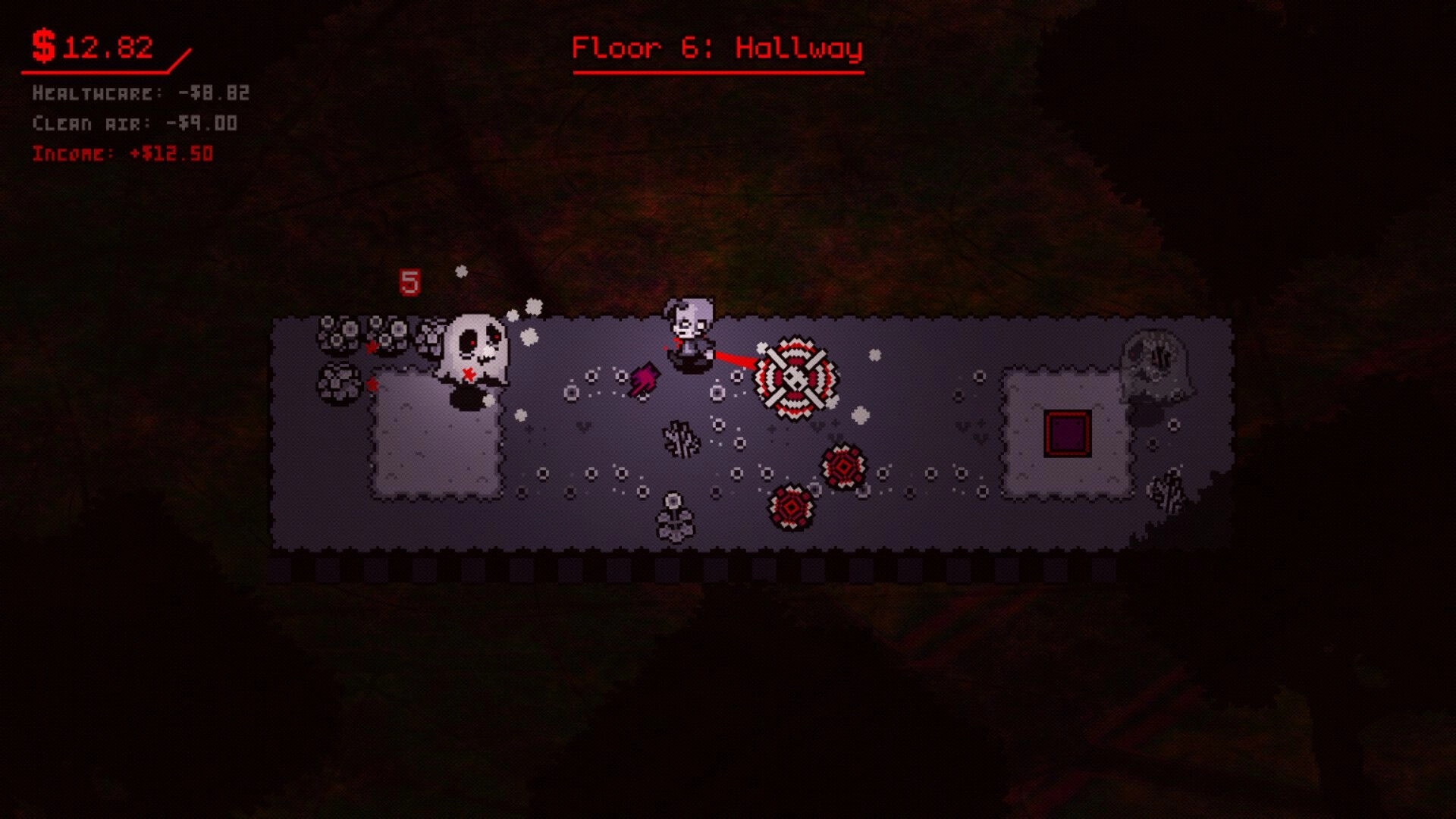 SUPER DEBT: Player battles skull enemies in a dark hallway, managing resources on Floor 6.