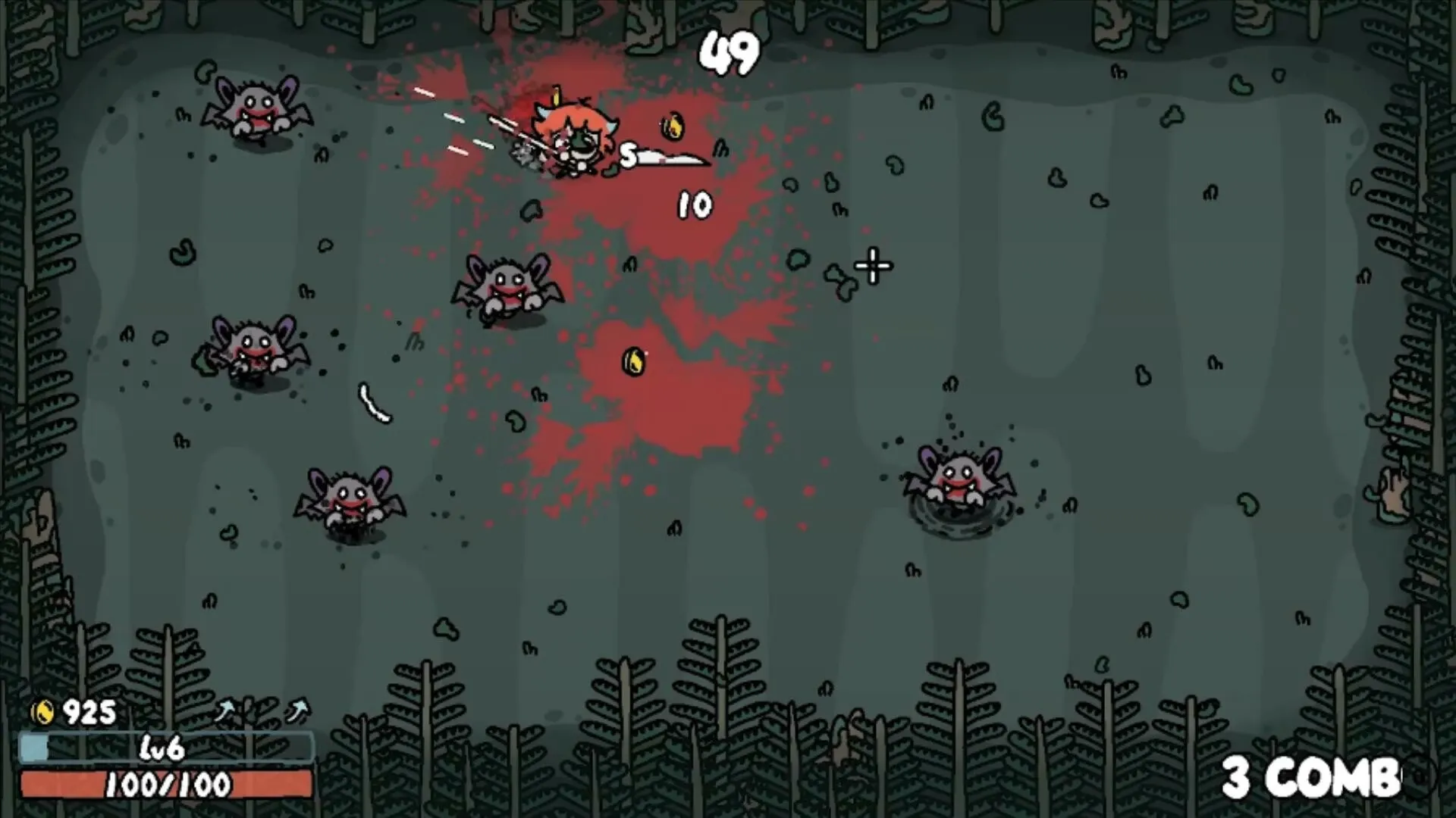 Super Drift Blade: Player slashing enemies in forest arena, health bar and score at bottom left
