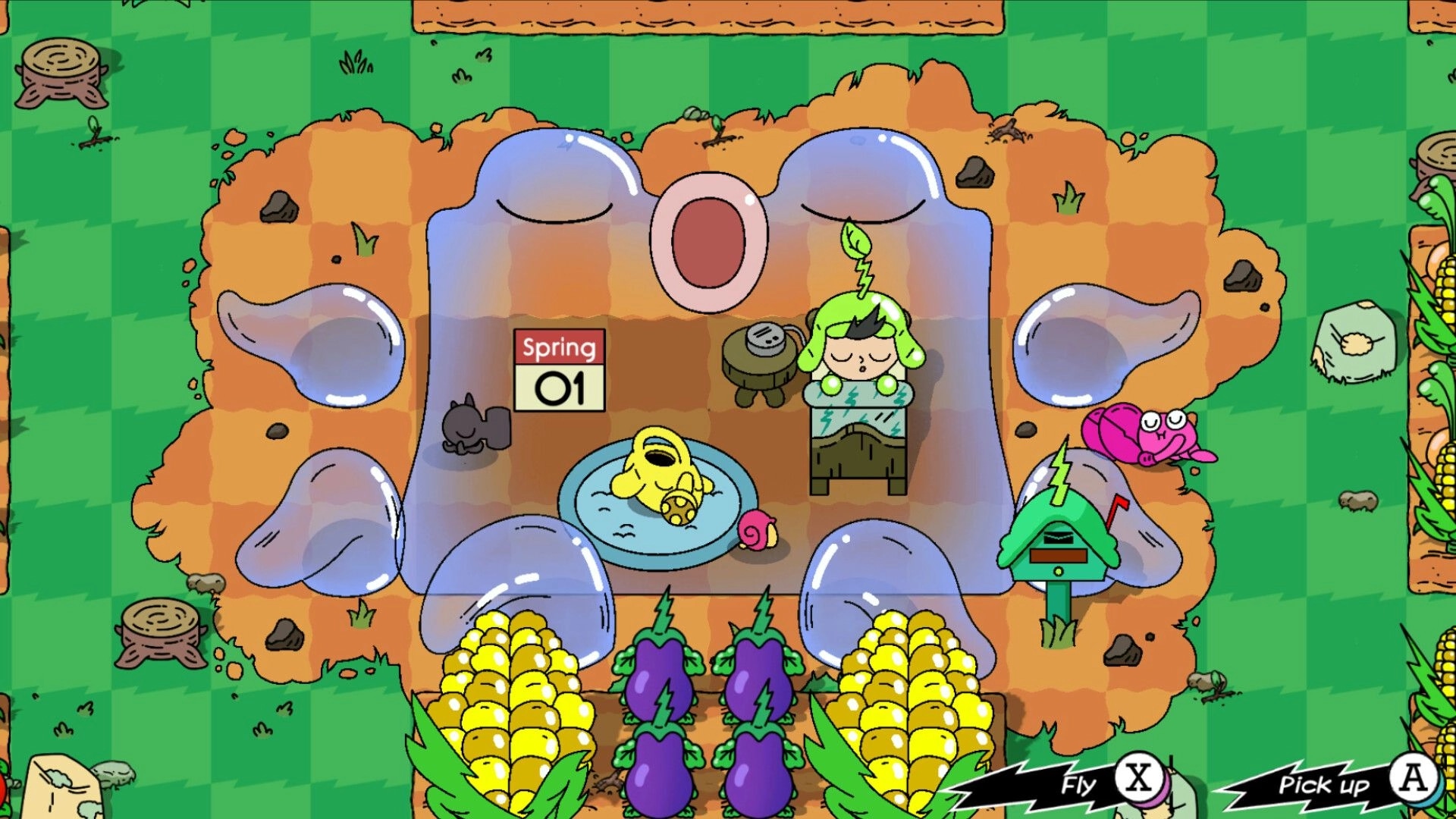 Super Farming Boy: Character sleeps beside calendar and pond in farm with corn and eggplants growing