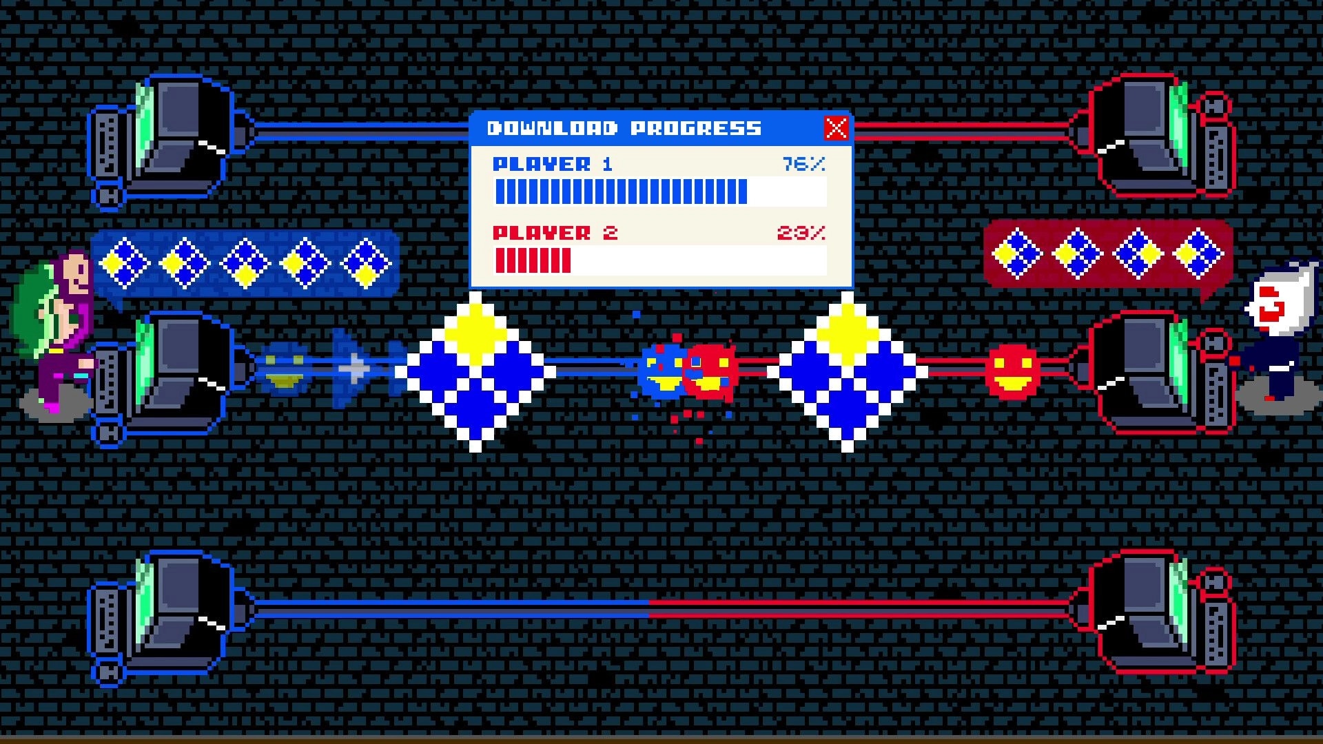 Super Hack Attack!: Two players battle with progress bars and pixelated graphics on dark grid background.