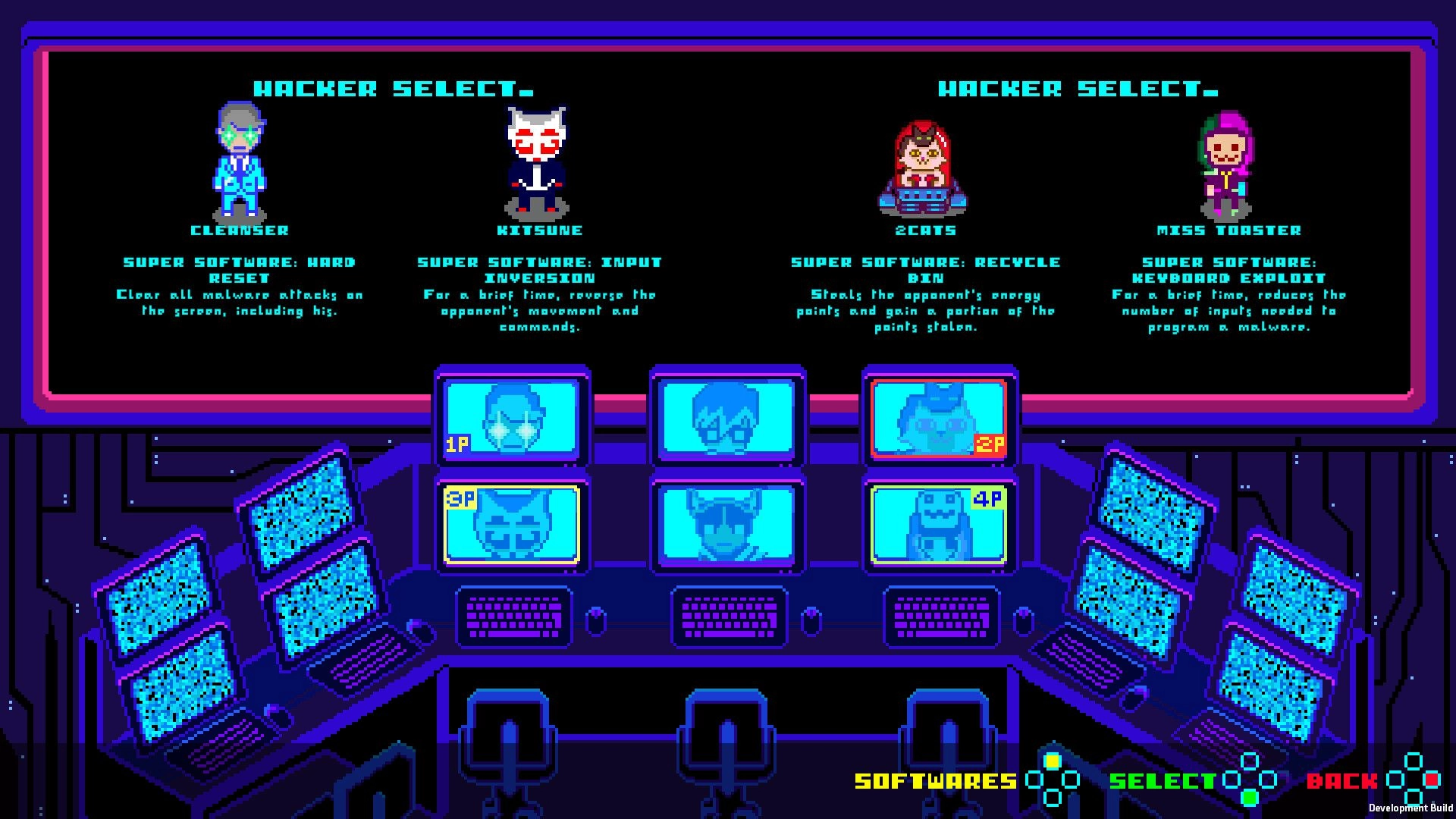 Super Hack Attack!: Character selection screen with four hackers and their super software descriptions displayed