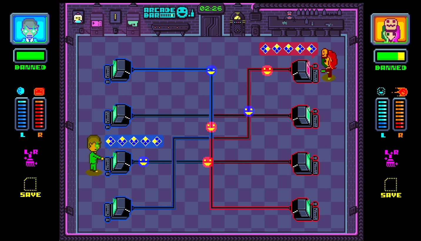 Super Hack Attack!: Two players face off in a network battle with colorful nodes and connection lines.