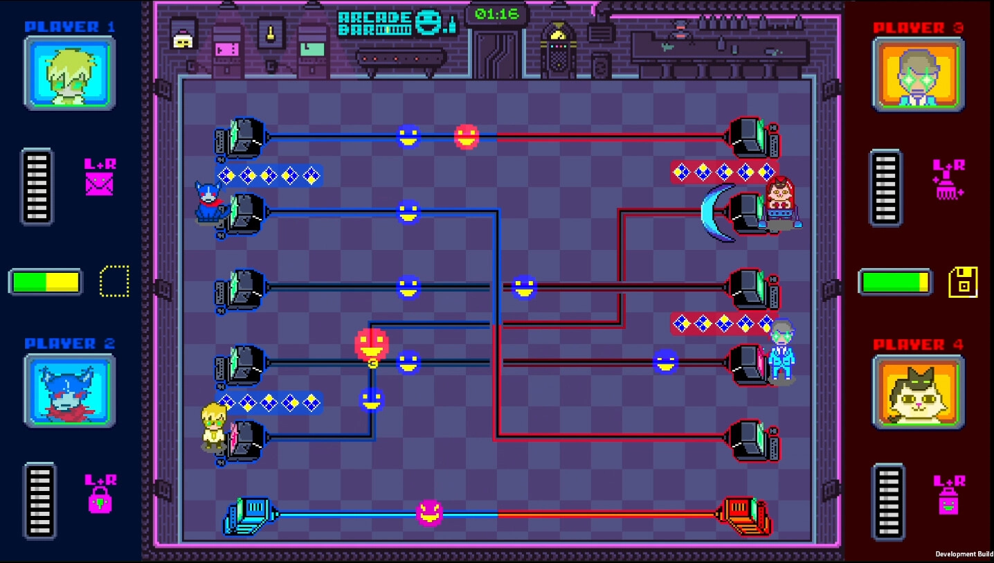 Super Hack Attack!: Four-player network battle with avatars, colored nodes, and connection lines on grid