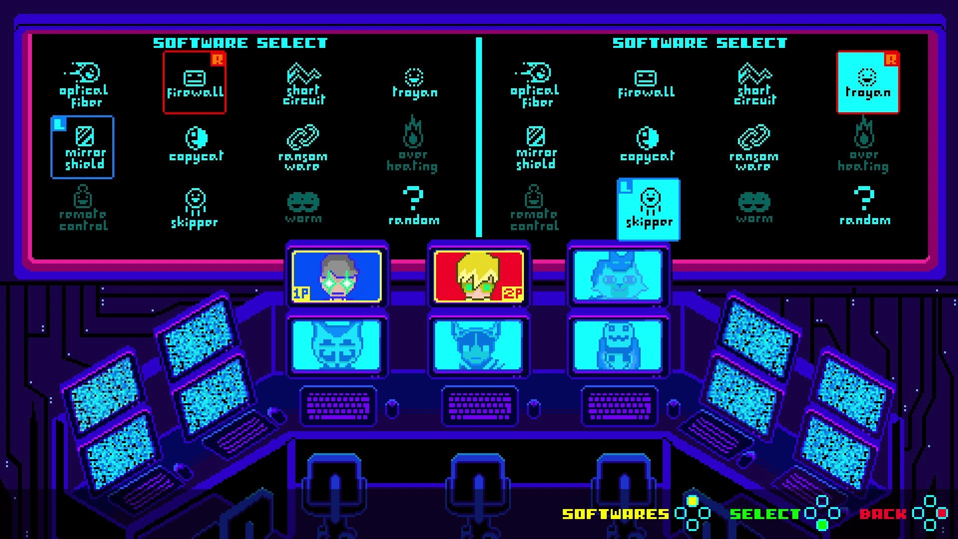 Super Hack Attack!: Software selection interface with two characters and multiple program options displayed