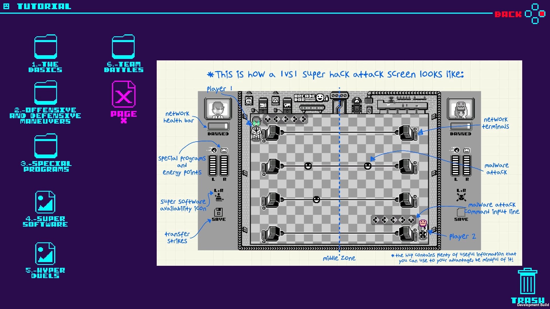 Super Hack Attack!: Tutorial screen showing network health bars, special programs, and malware attacks.
