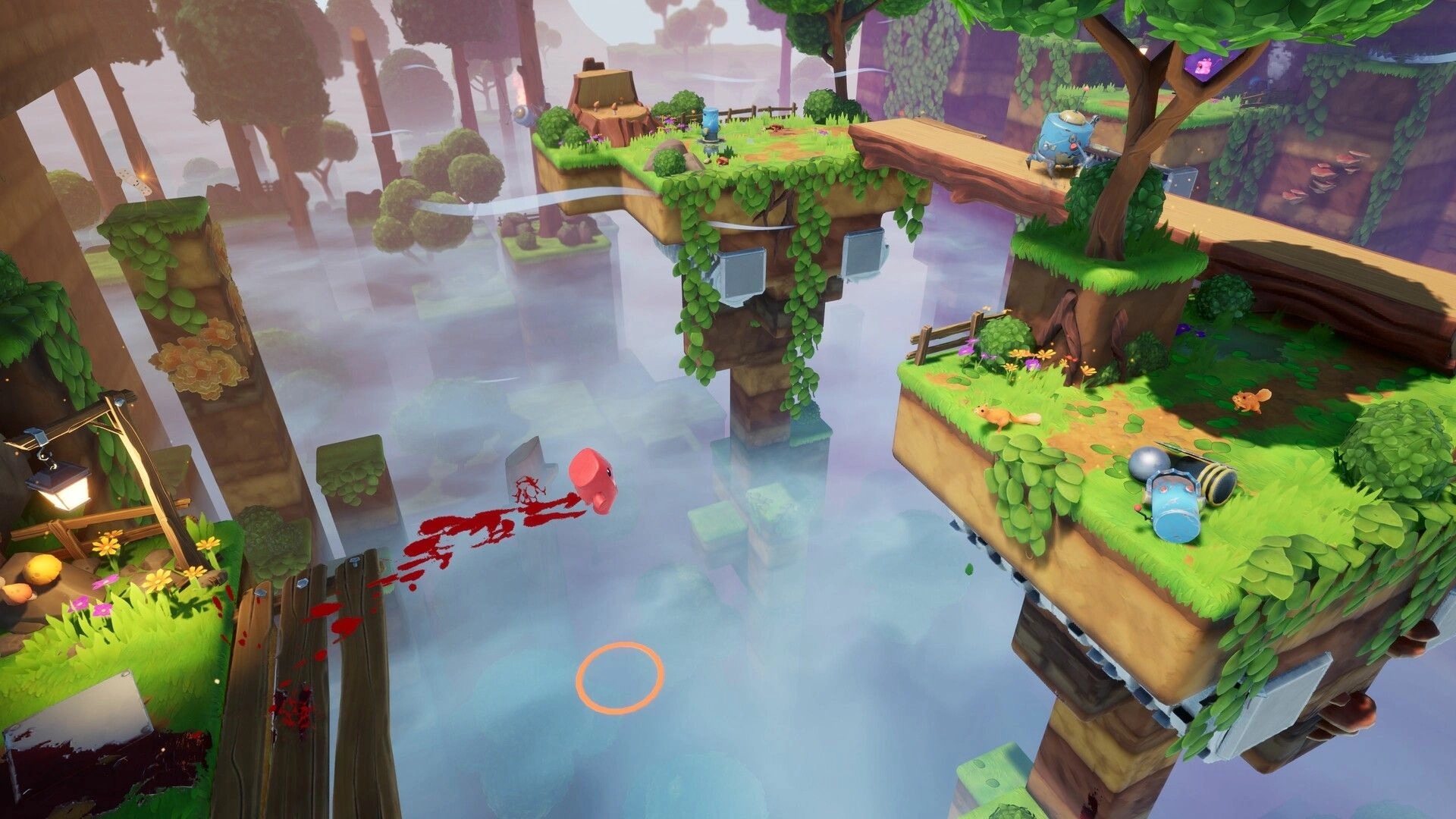 Super Meat Boy 3D: Meat Boy jumps between floating platforms in a lush, vibrant forest environment.