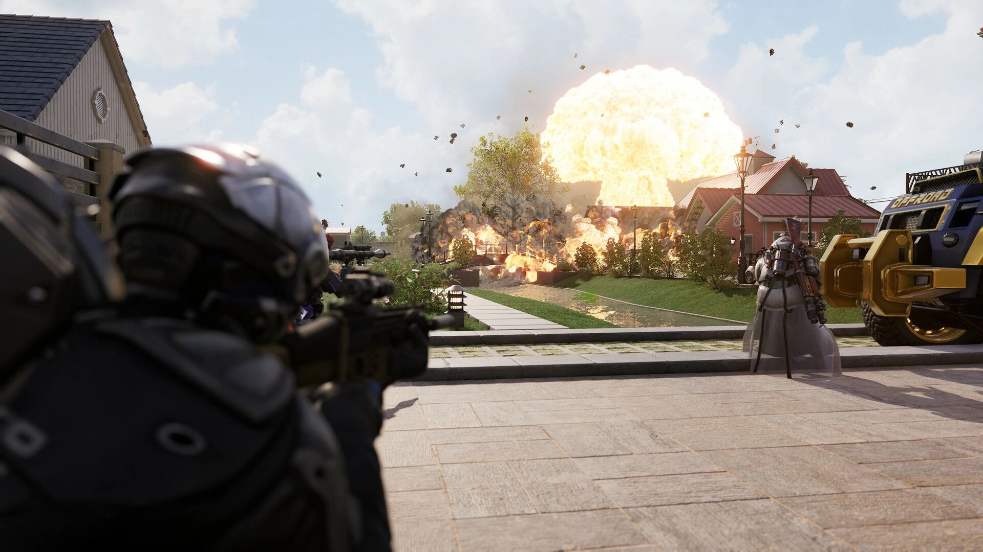 SUPER PEOPLE: Explosive battle scene with super-soldiers in suburban street environment