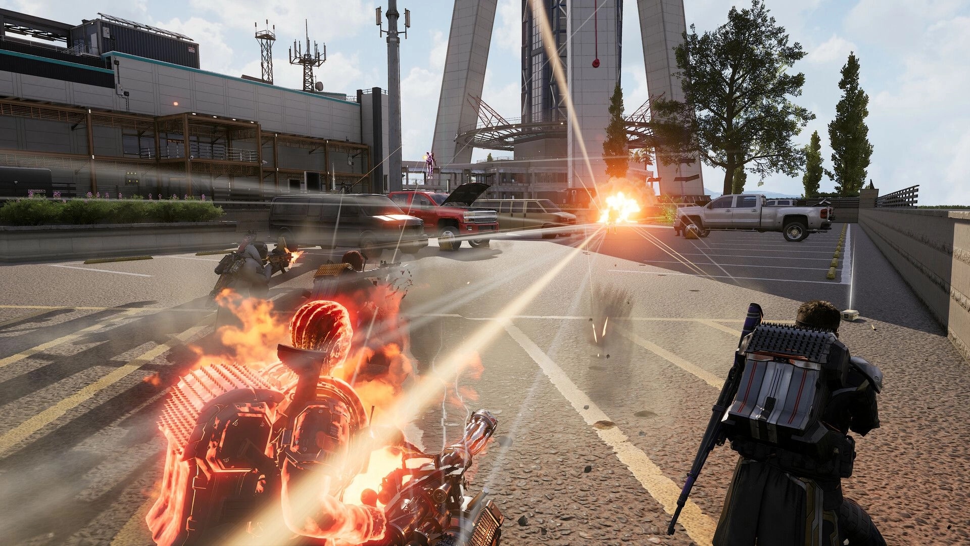 SUPER PEOPLE: Intense street firefight with super-soldiers using abilities near a large industrial complex