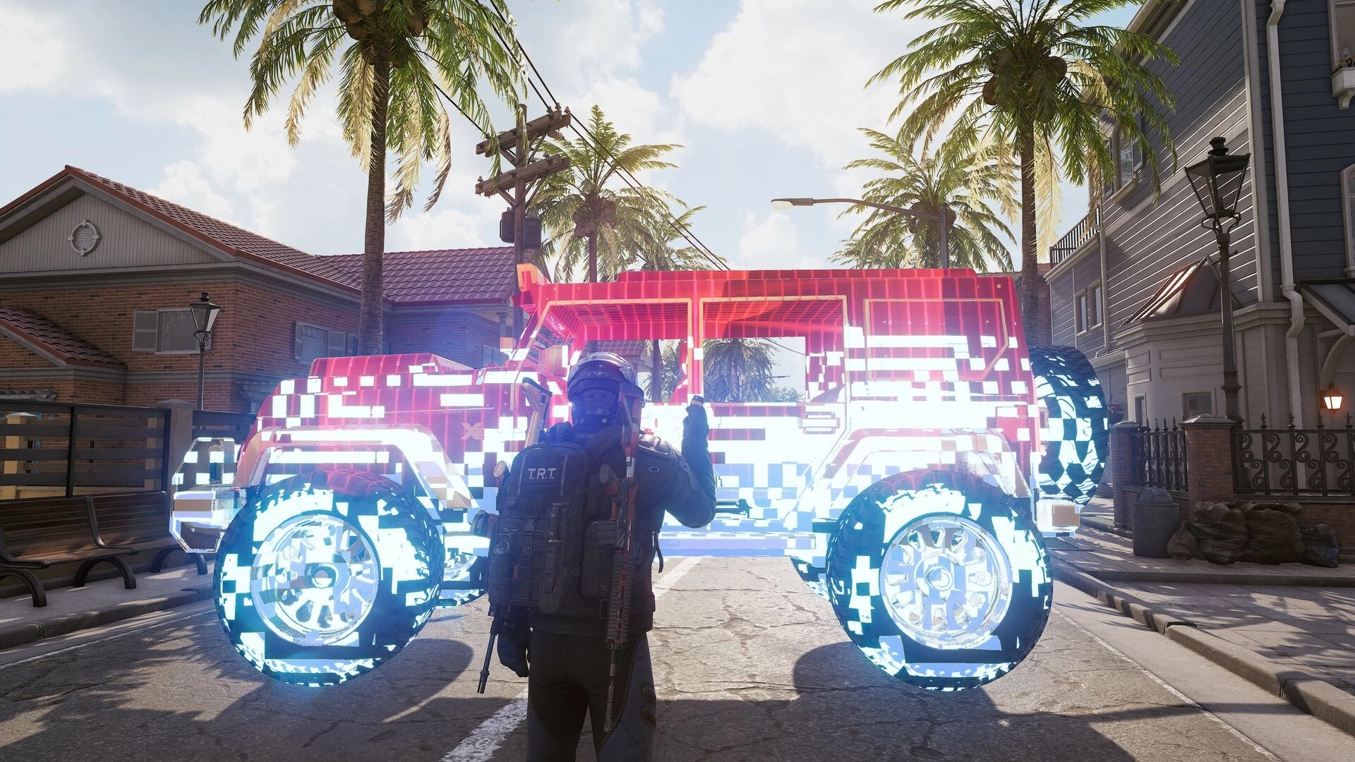 SUPER PEOPLE: Player interacts with glowing, pixelated vehicle on a sunny street lined with palm trees.