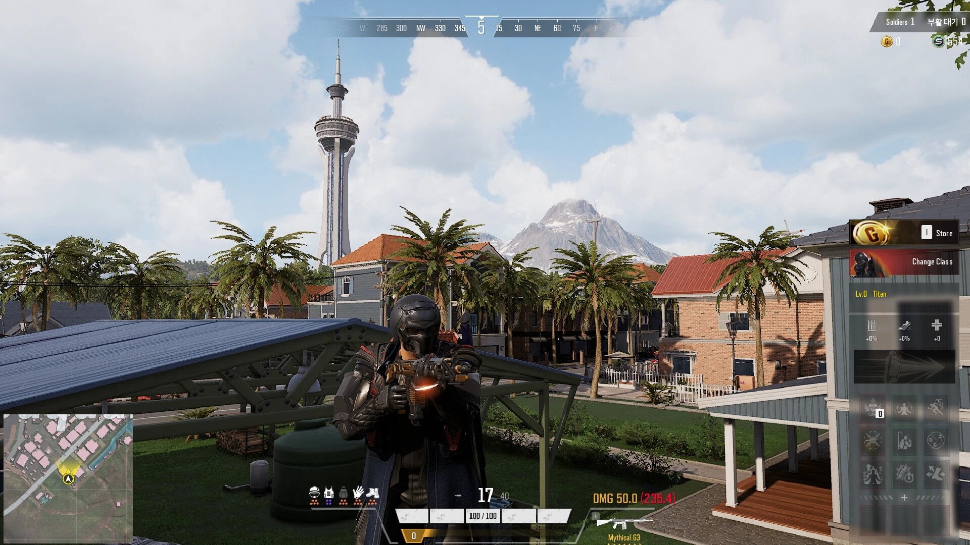 SUPER PEOPLE: Super-soldier aiming weapon in sunny town with palm trees, map and class menu visible on screen