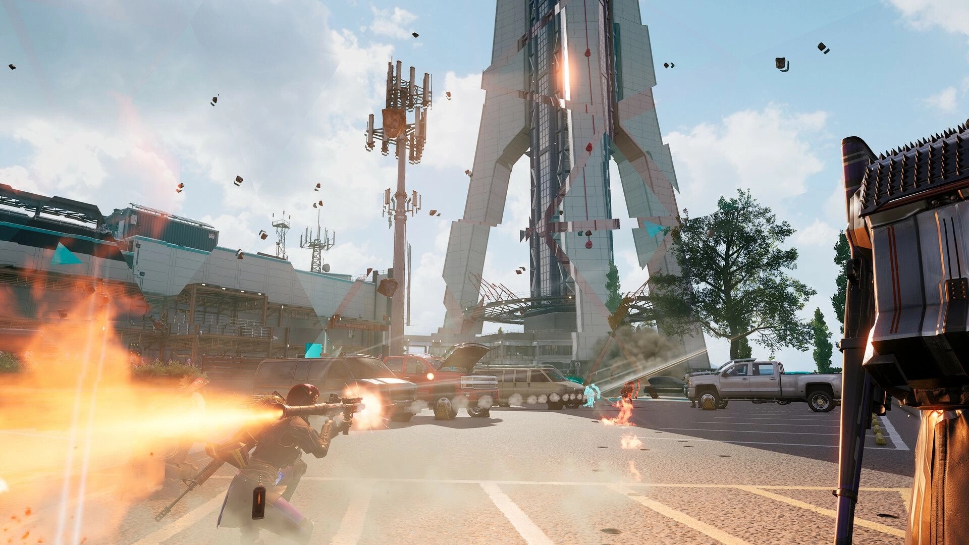 SUPER PEOPLE: Player firing at enemies near futuristic tower in urban environment with scattered debris