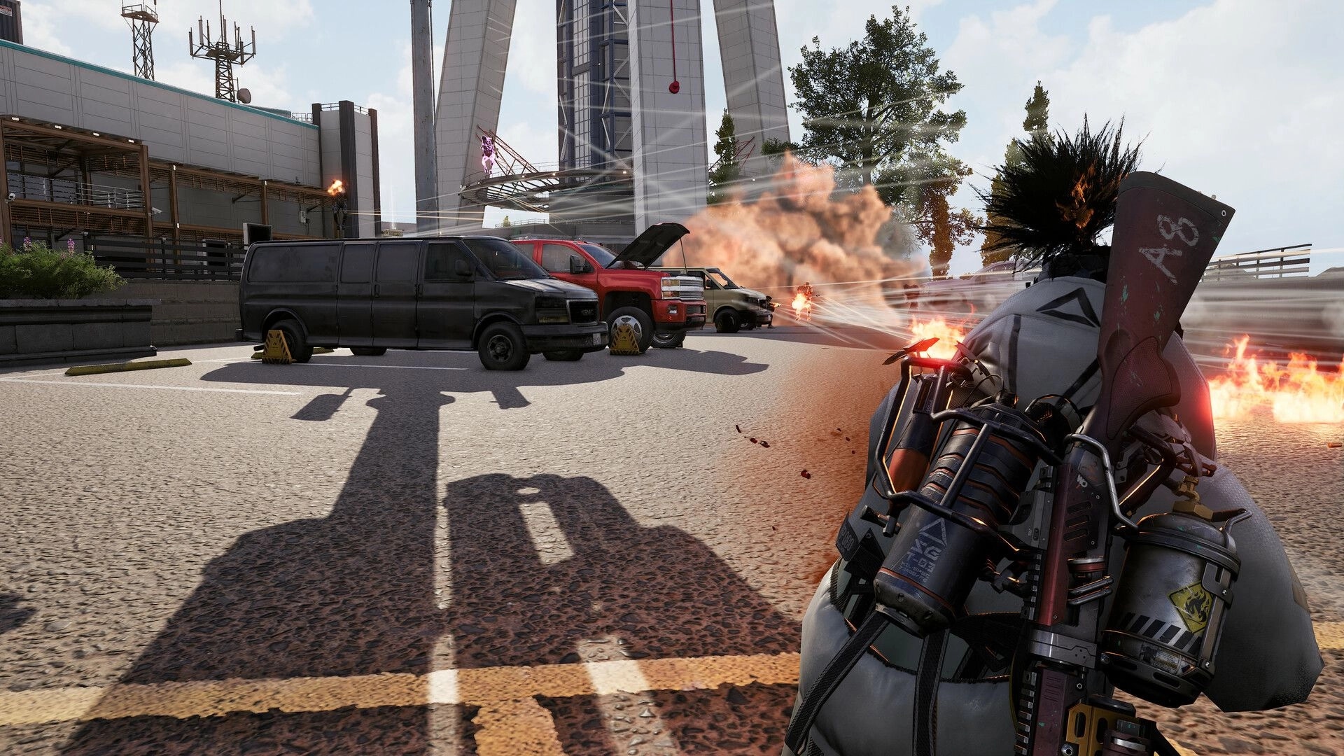 SUPER PEOPLE: Soldier in combat gear takes cover behind vehicles amidst explosions and gunfire in cityscape.