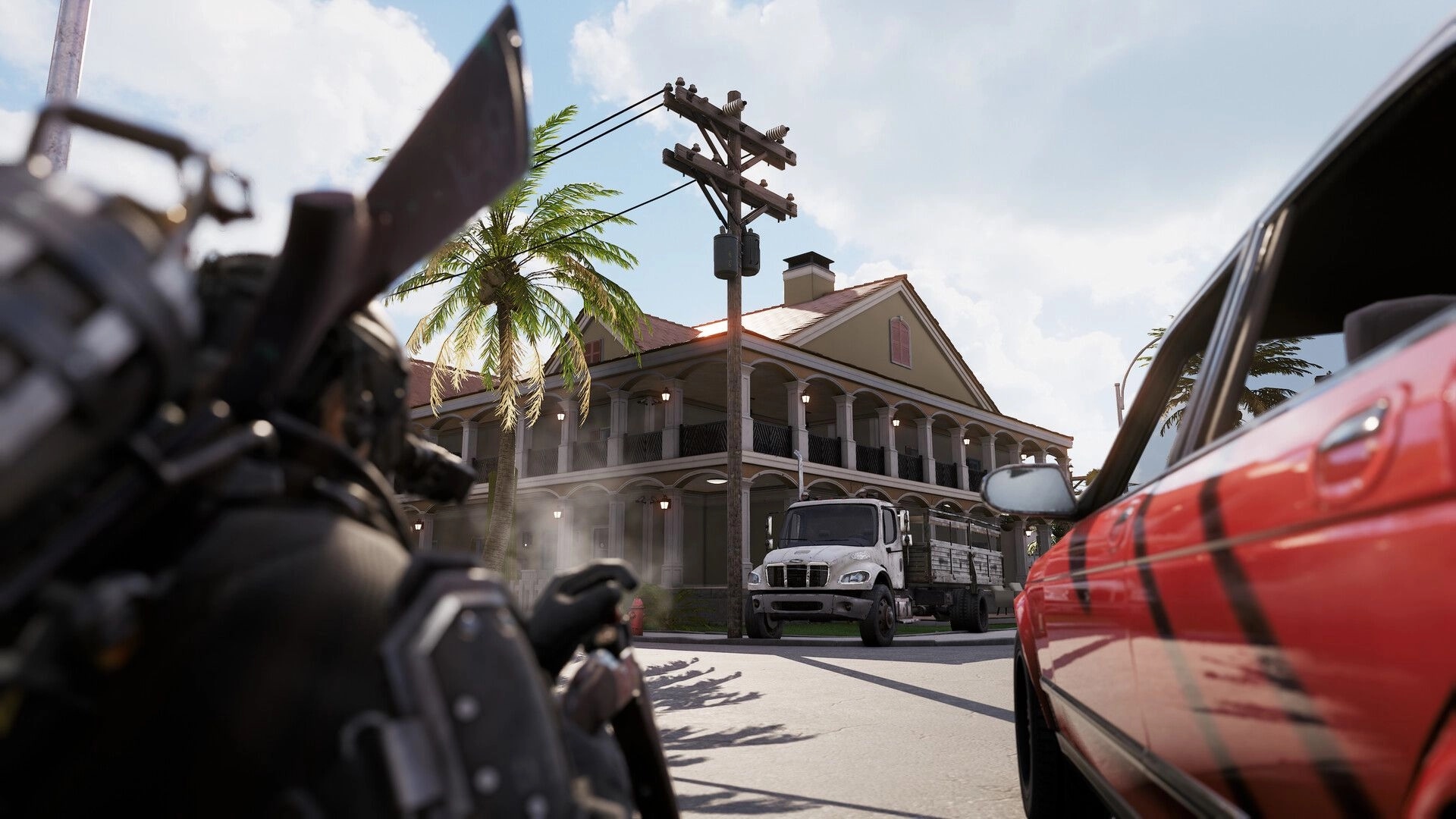 SUPER PEOPLE: Player hiding beside a red car in front of a large building with a truck nearby
