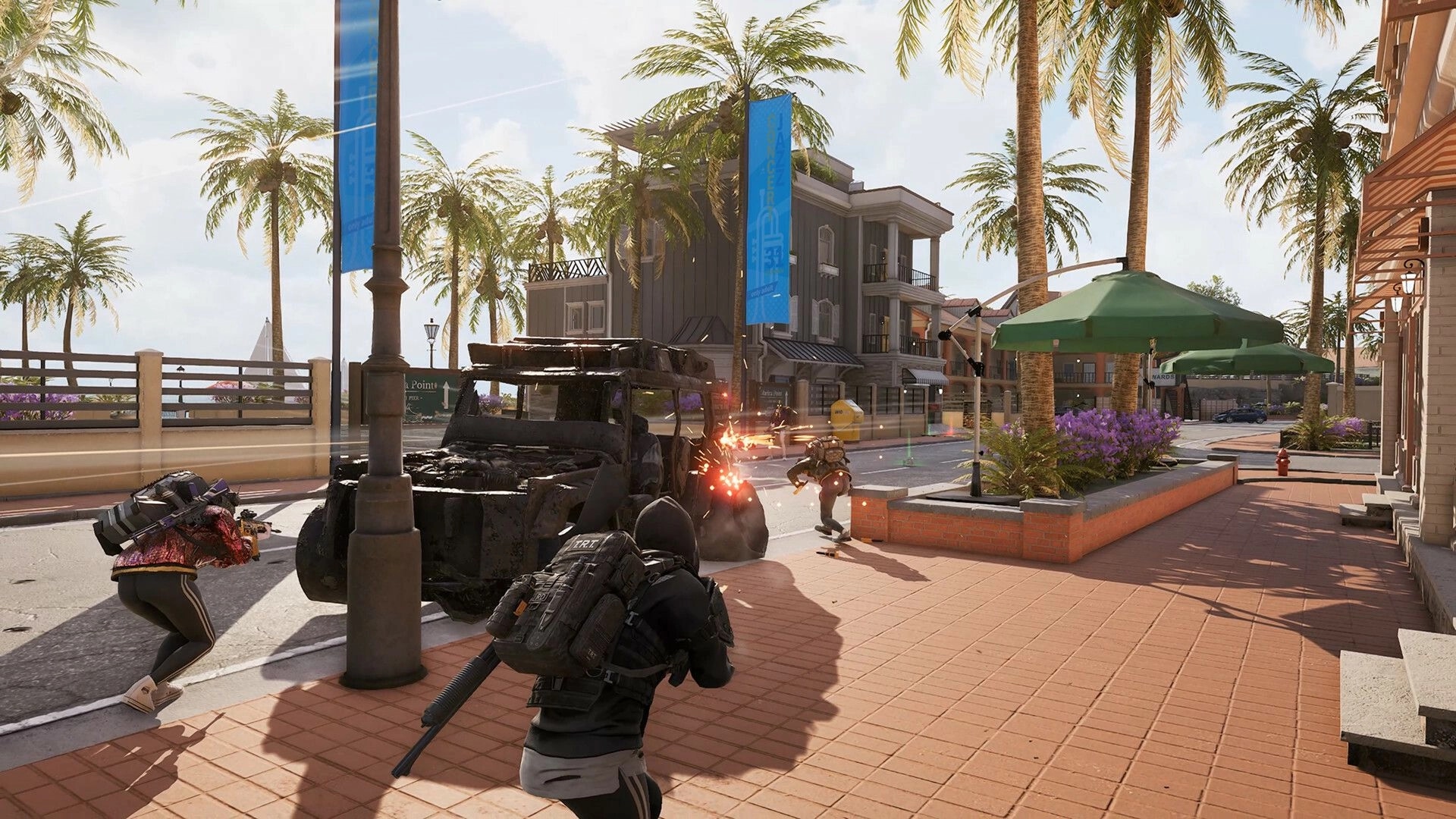 SUPER PEOPLE: Intense street combat with three soldiers taking cover behind a vehicle in a sunny urban area.
