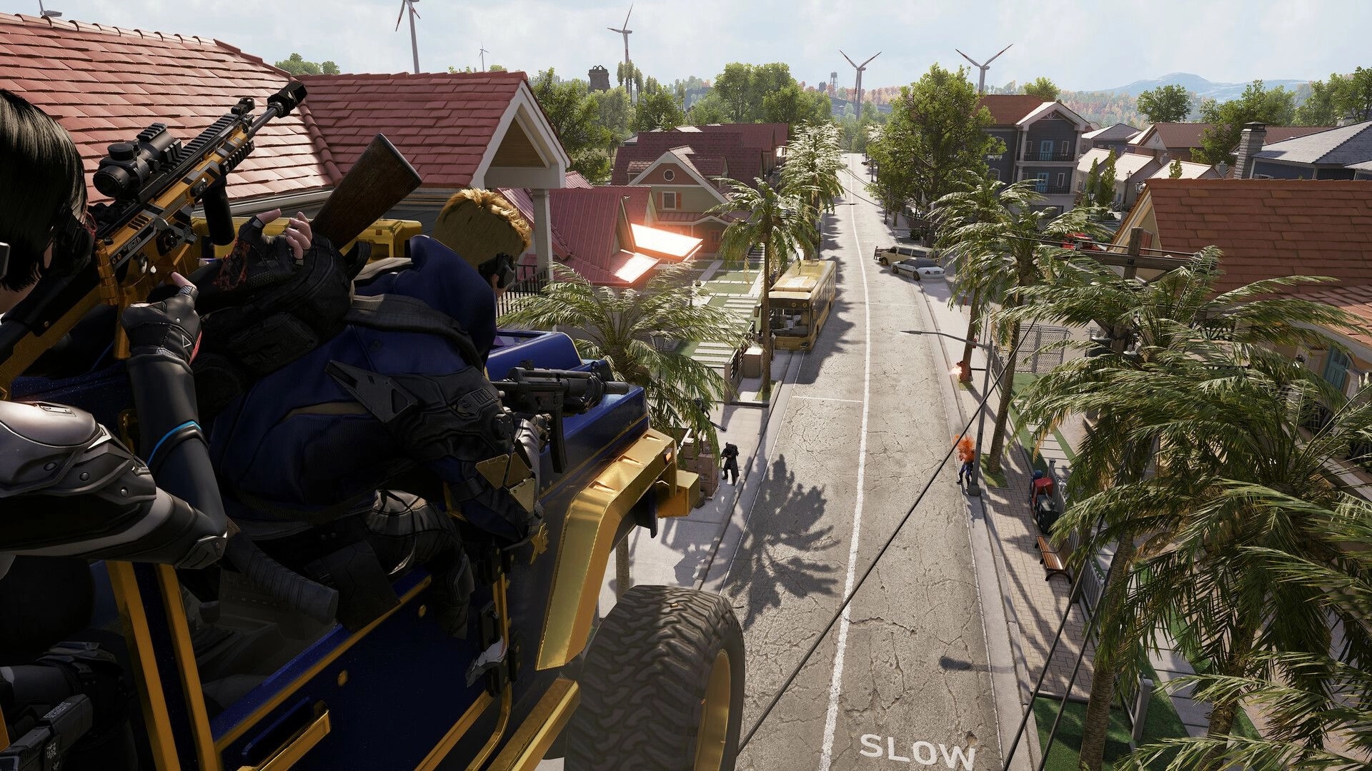 SUPER PEOPLE: Players riding in a vehicle through suburban street lined with palm trees and rooftops.