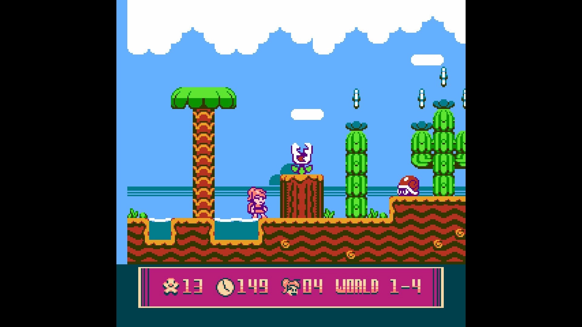 Super Sunny World: Character navigating desert platform with cacti and enemies in World 1-4