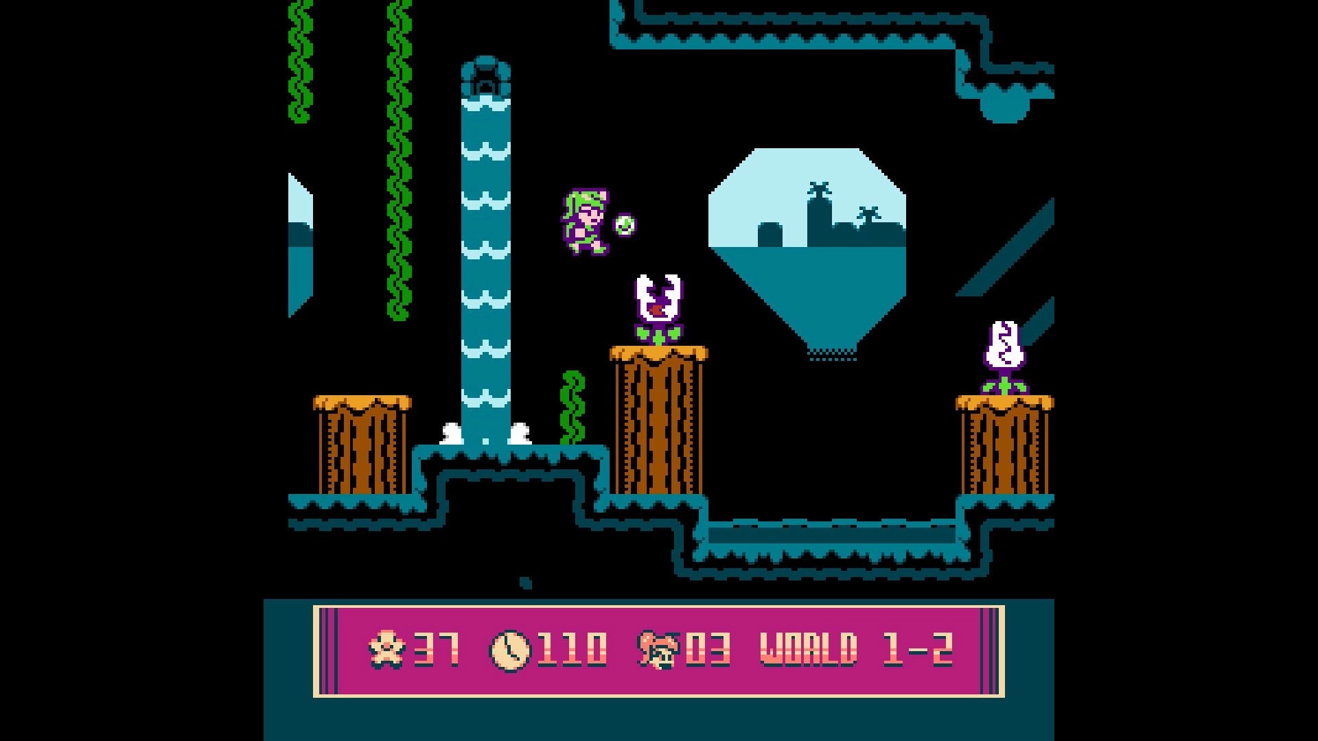 Super Sunny World: Character jumping across platforms with enemies in a cave environment, World 1-2.