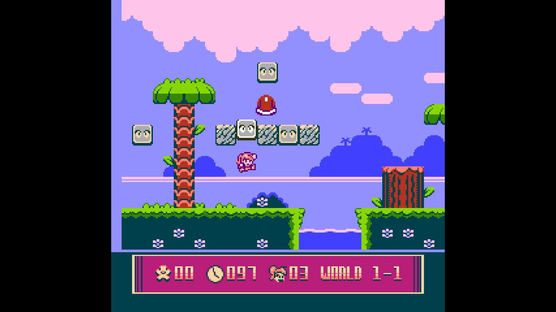 Super Sunny World: Character jumping over blocks and avoiding a shell in a colorful forest level