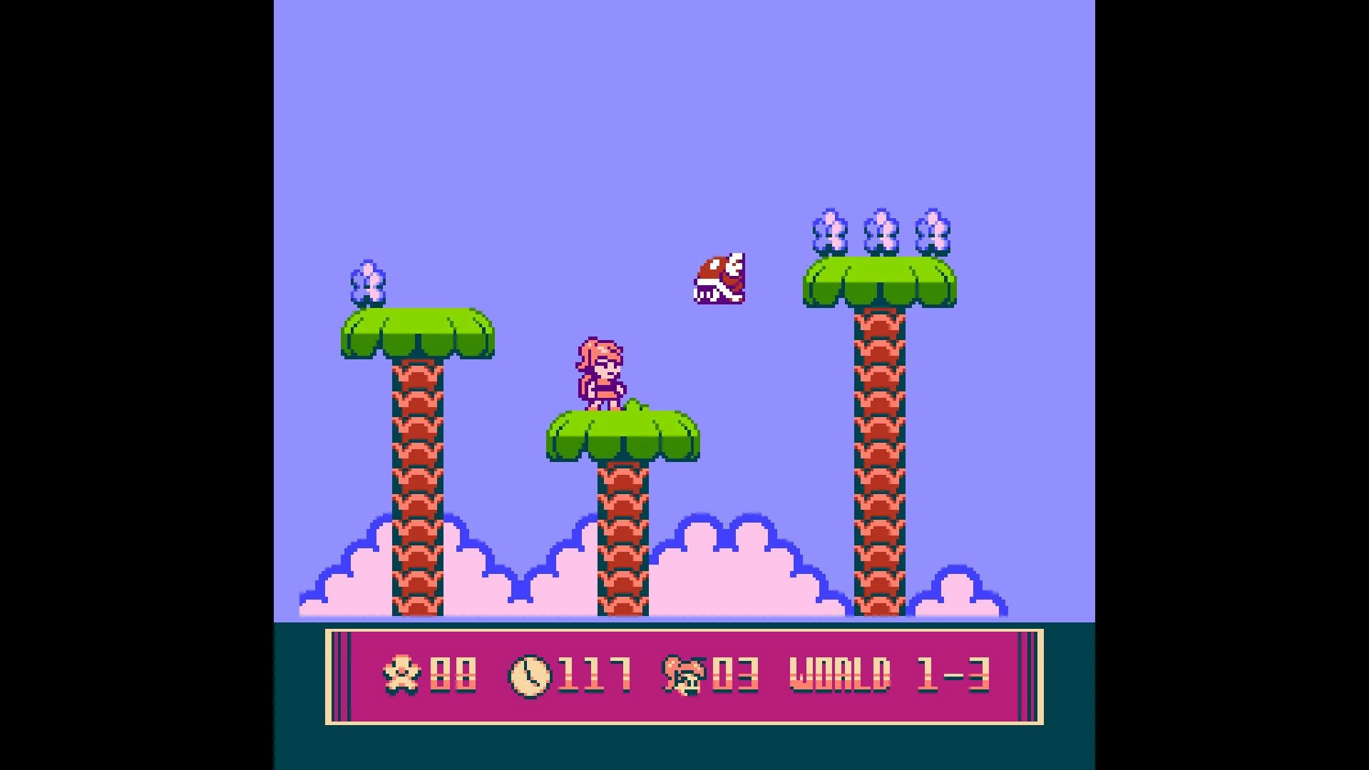 Super Sunny World: Character jumping between platforms with a coin counter in a pixelated sky setting