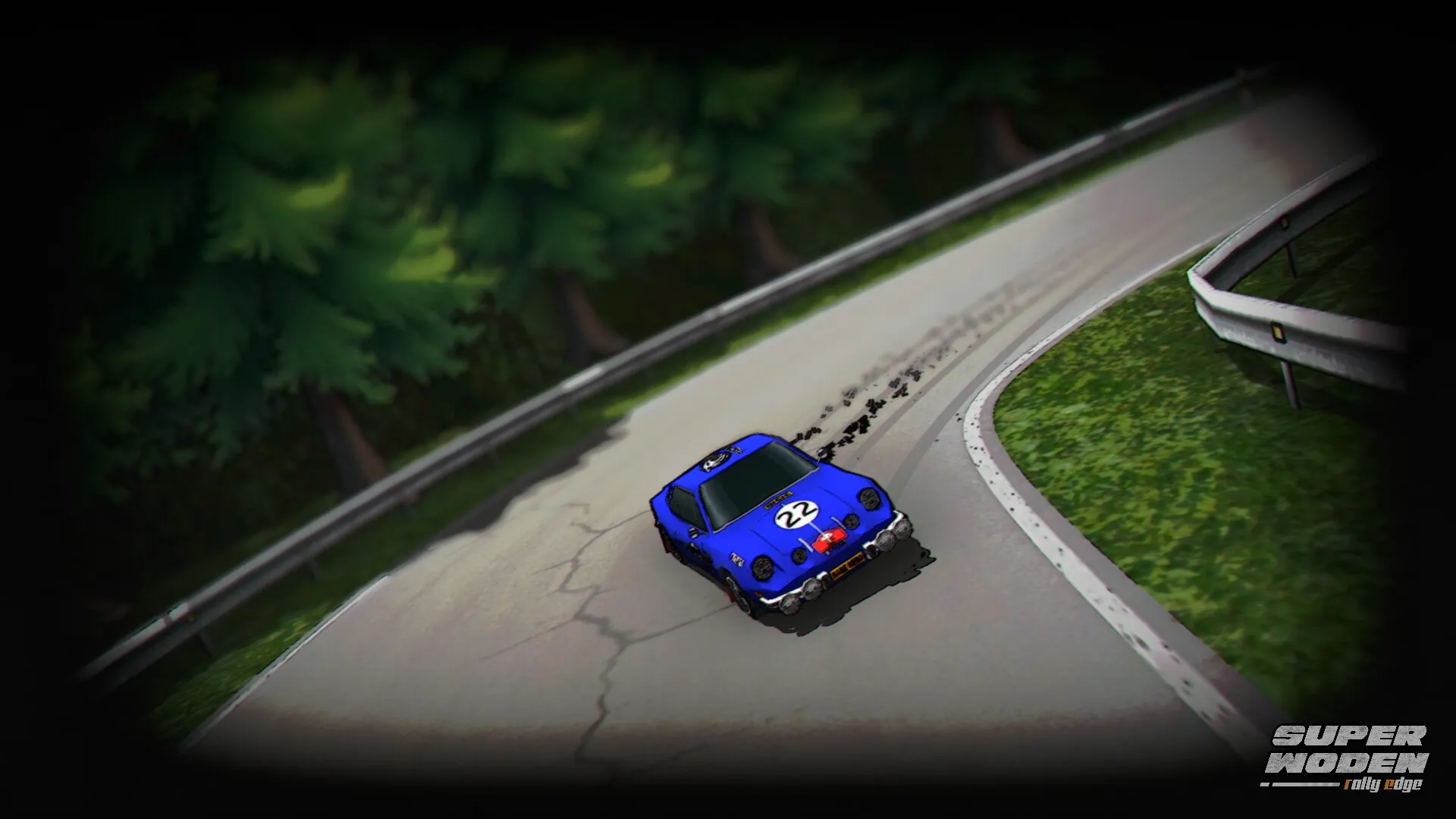Super Woden: Blue rally car drifting on a curved mountain road surrounded by dense green forest