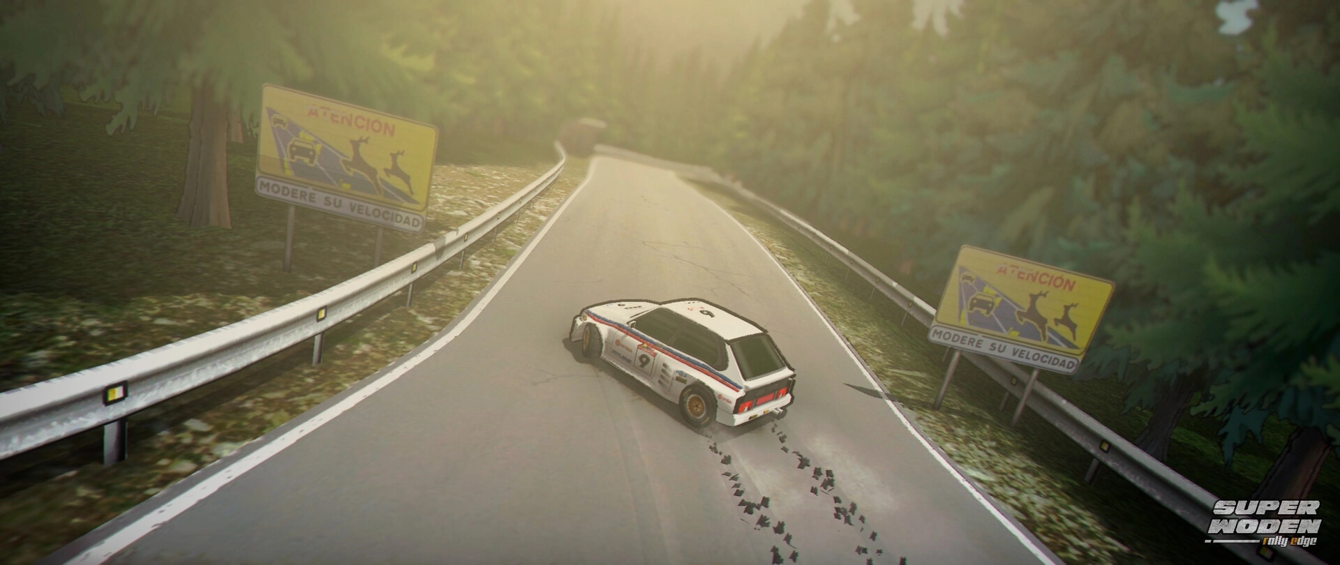 Super Woden: Rally car drifting on a forest road with caution signs and skid marks visible