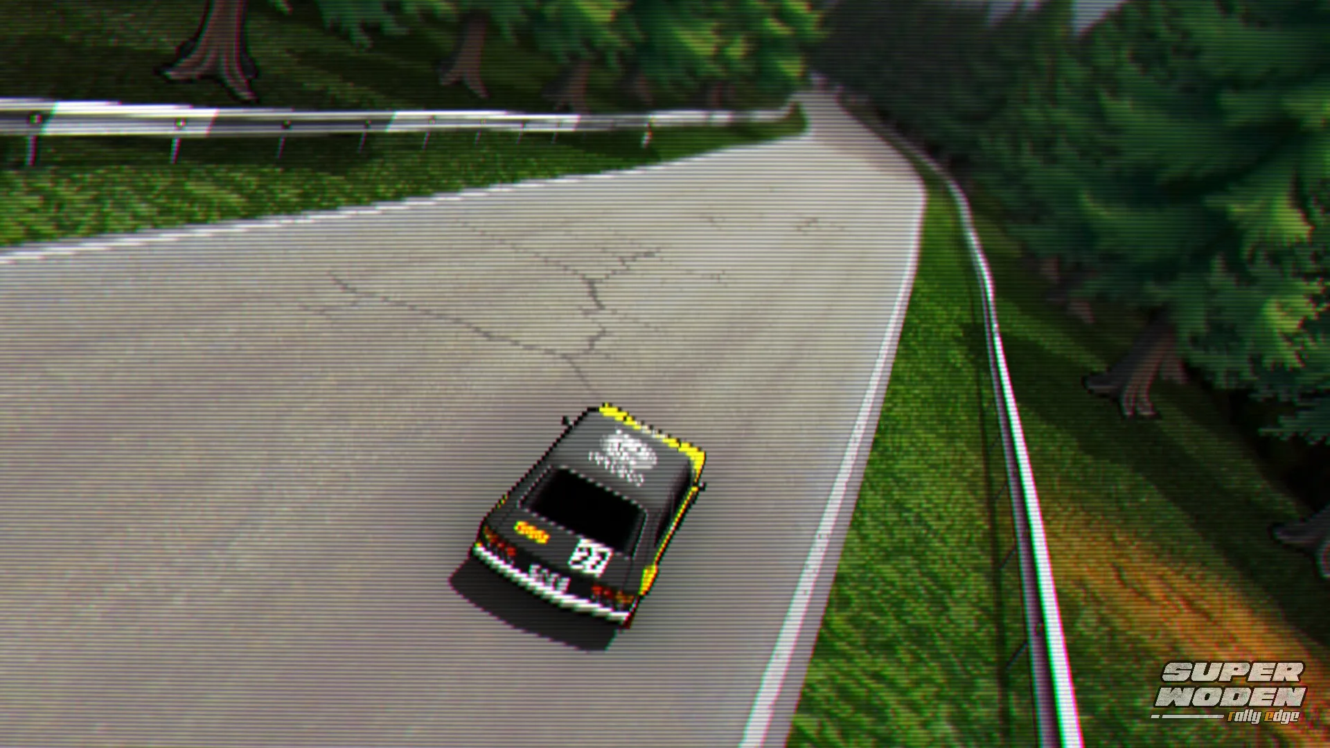 Super Woden: Vintage car racing on a winding forest road with lush trees and cracked pavement