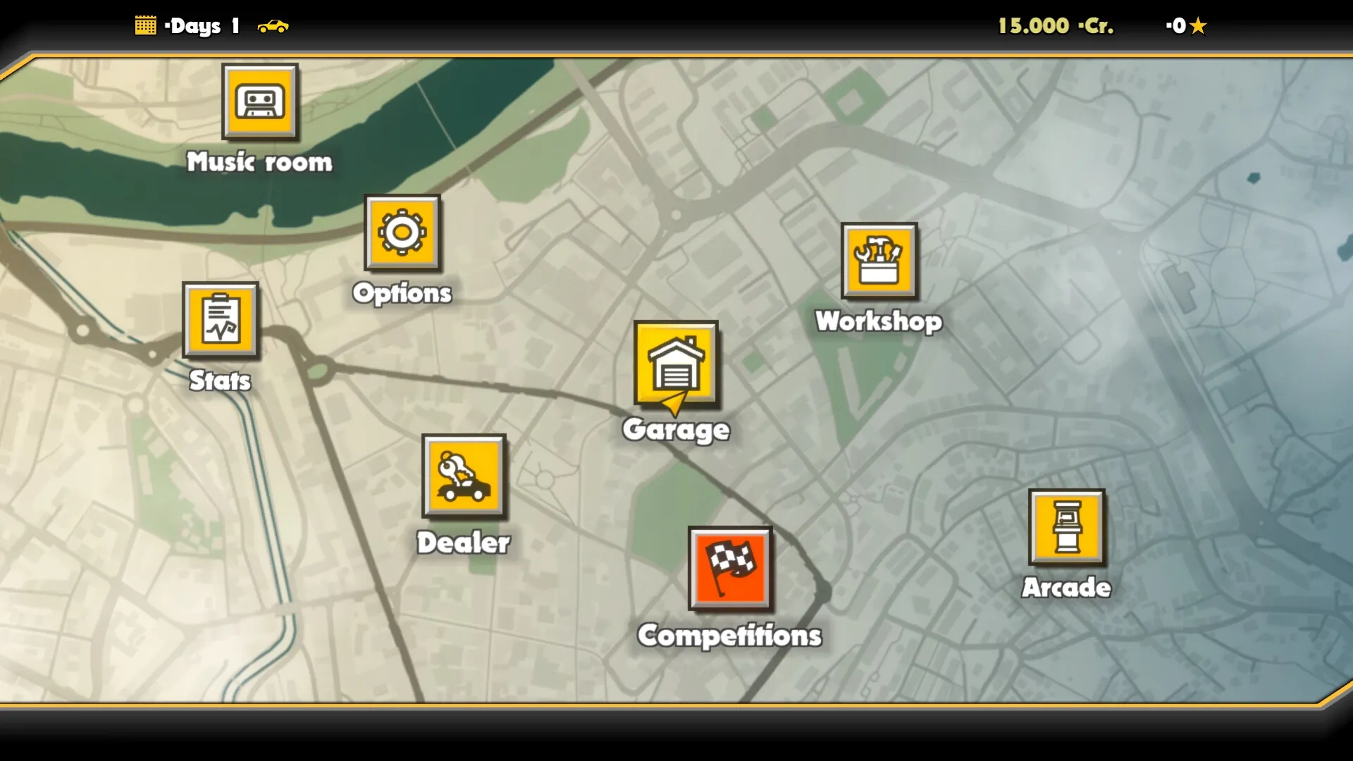 Super Woden: Map interface with options for Music Room, Garage, Competitions, and Arcade visible