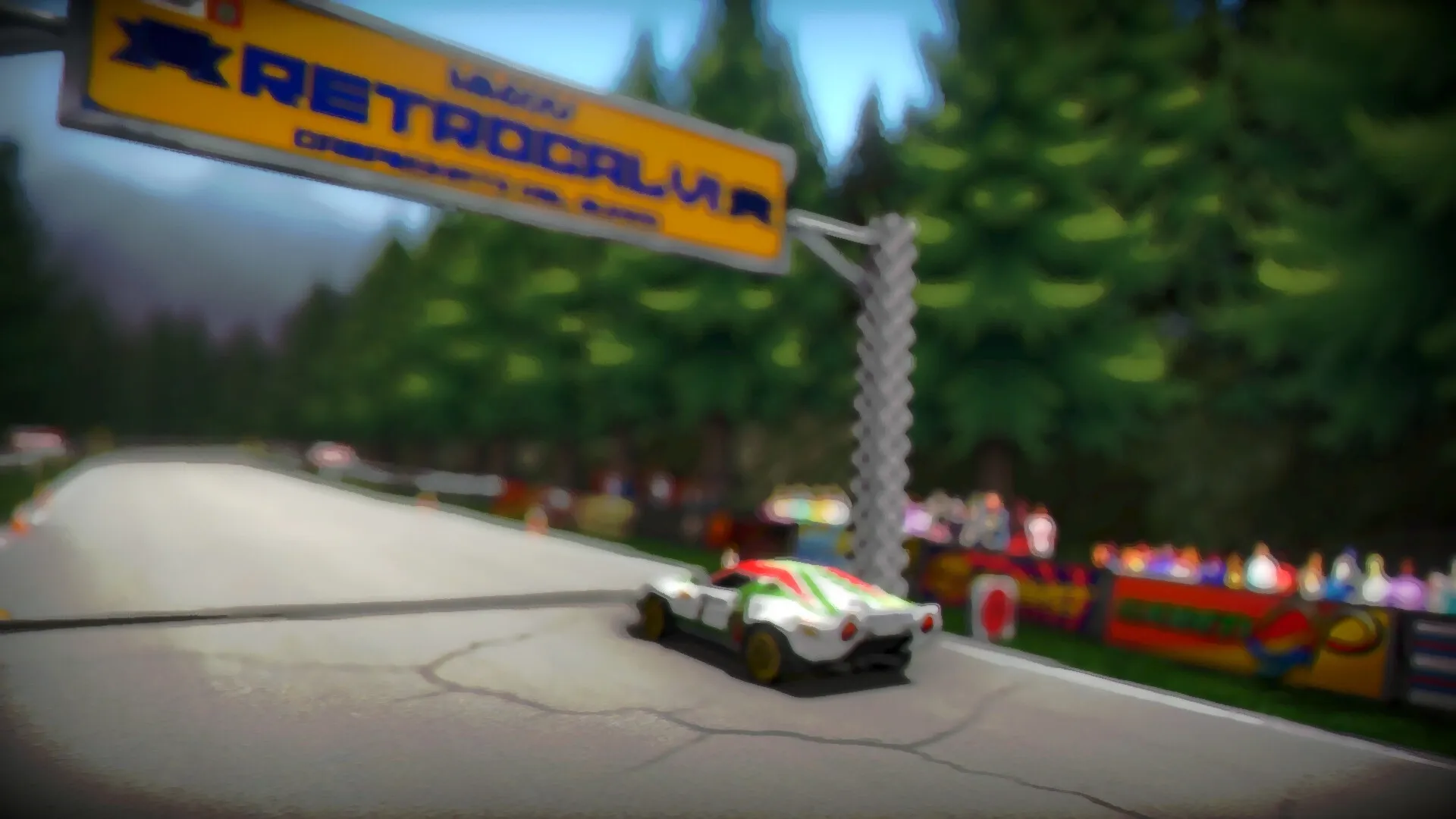 Super Woden: Rally car speeding past RETROCALVA banner on forest track amidst cheering spectators