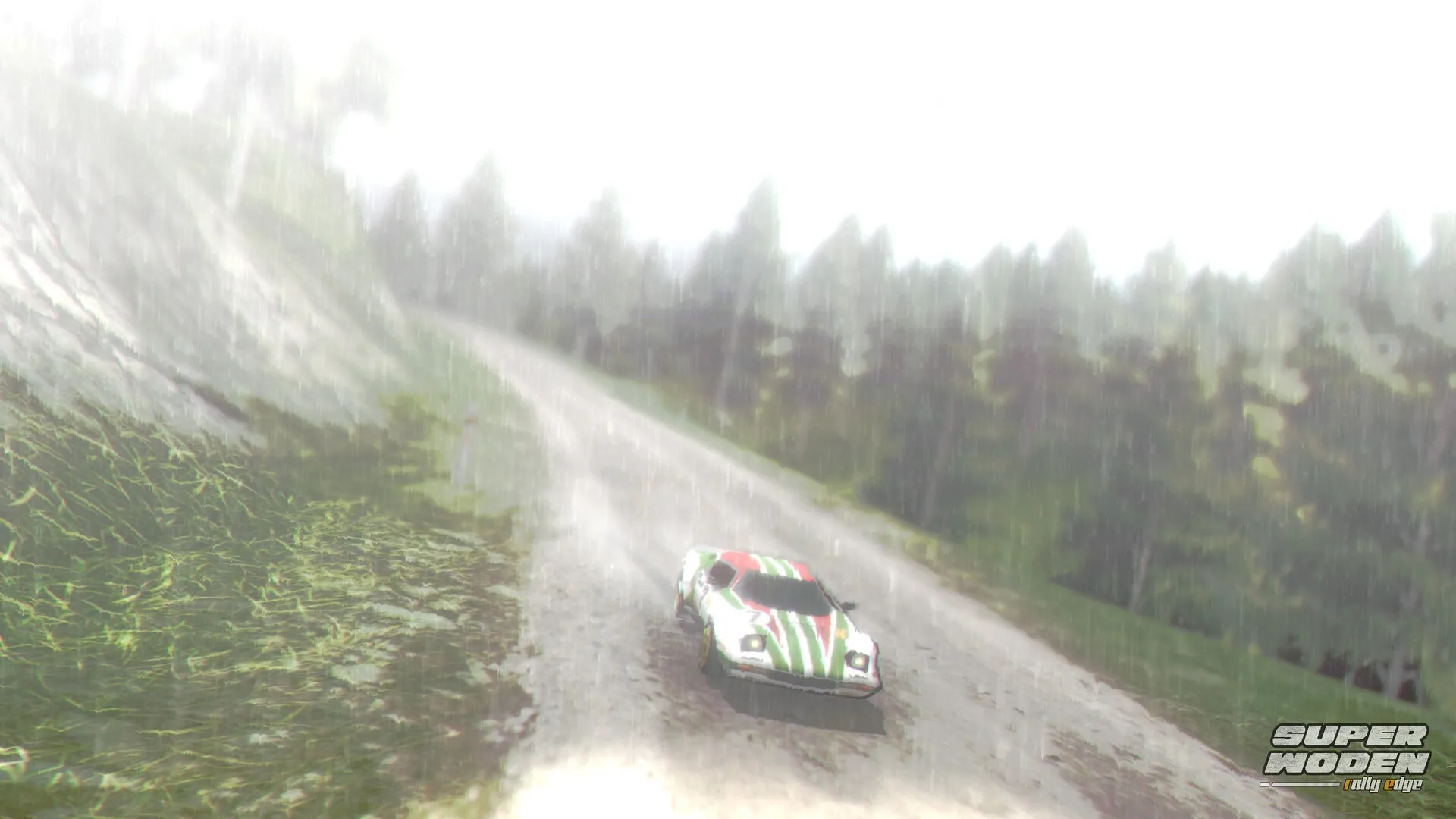 Super Woden: Rally car speeding on a wet, winding forest road under heavy rain conditions