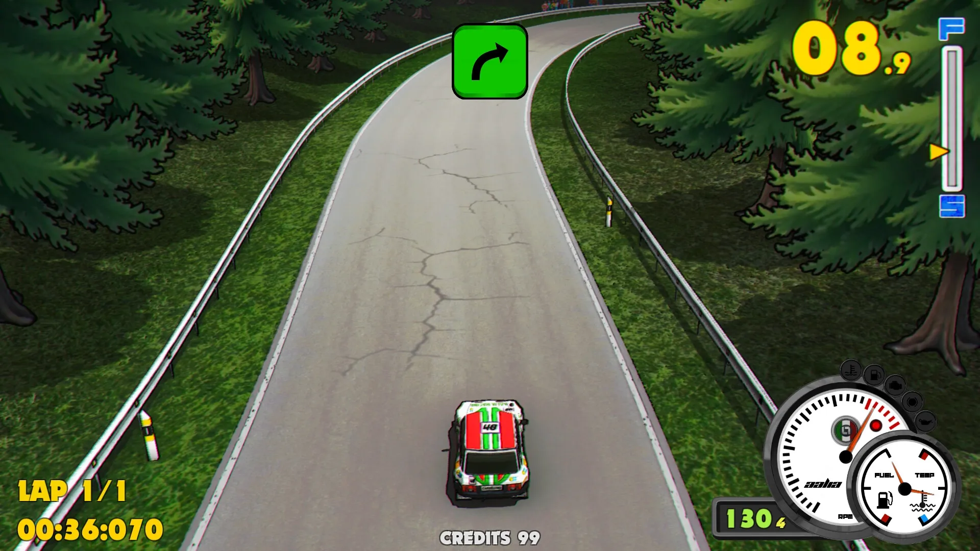 Super Woden: Overhead view of rally car on forest road with speedometer and lap time display
