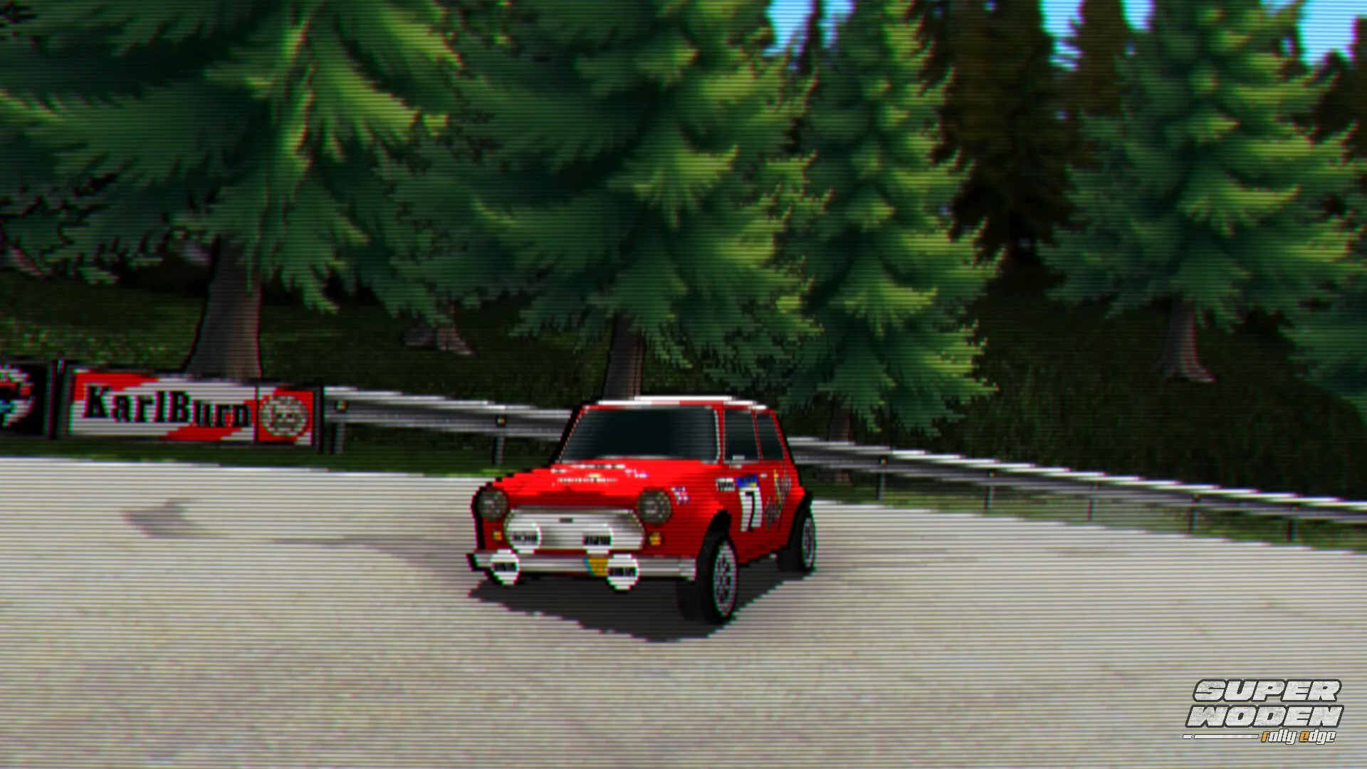 Super Woden: Red rally car parked on forest track with trees and advertisement banners in background