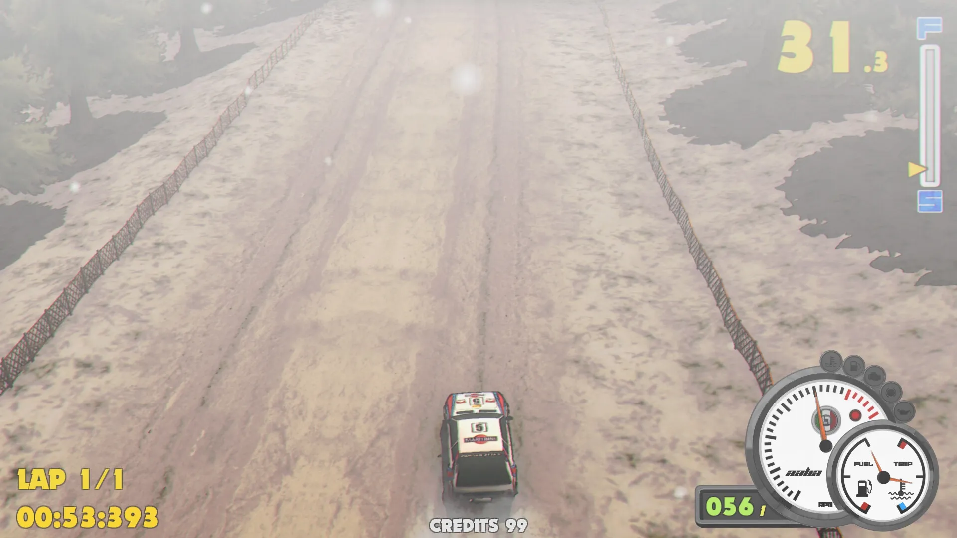 Super Woden: Rally car speeding on dirt track, snowy forest setting with speedometer and lap info visible
