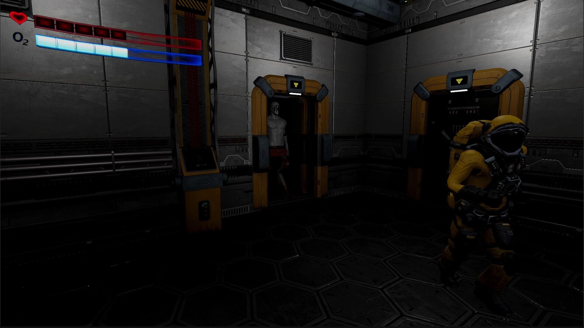 Superalignment: Suited player aims gun at mannequin by yellow doors in dim metal corridor, HUD visible.