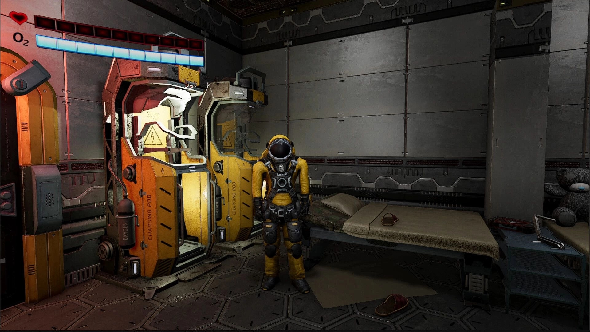 Superalignment: Astronaut stands by charging pods with health and O2 UI in a cramped bunk room.