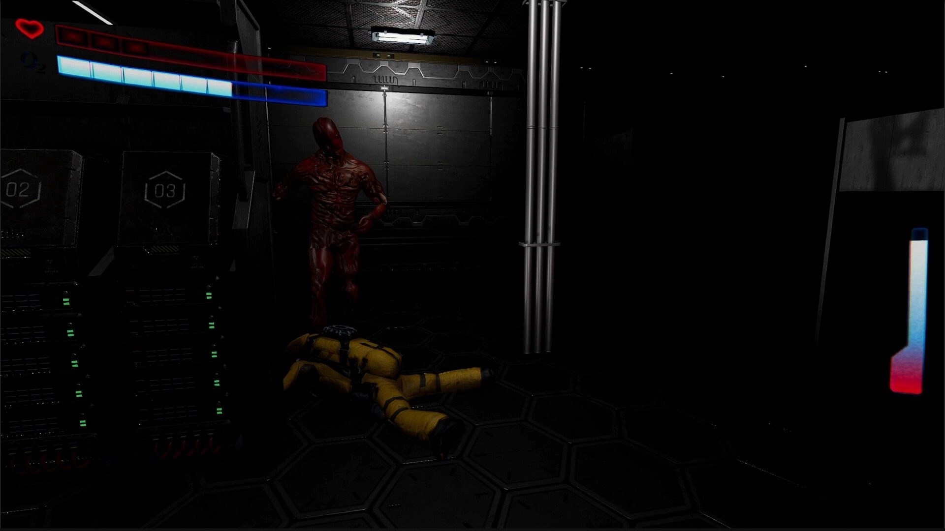 Superalignment: Red humanoid enemy over fallen yellow-suited player in a dark metal corridor HUD bars visible.