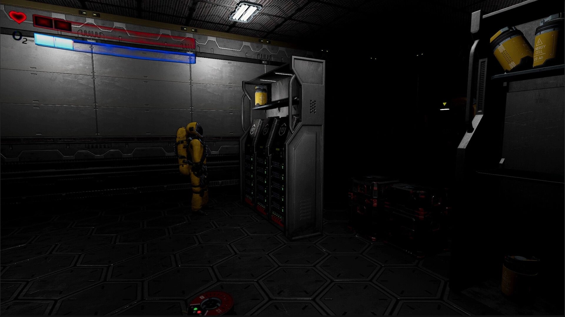 Superalignment: Yellow-suited player loots an energy cell from a cabinet in a dark sci-fi room HUD visible.